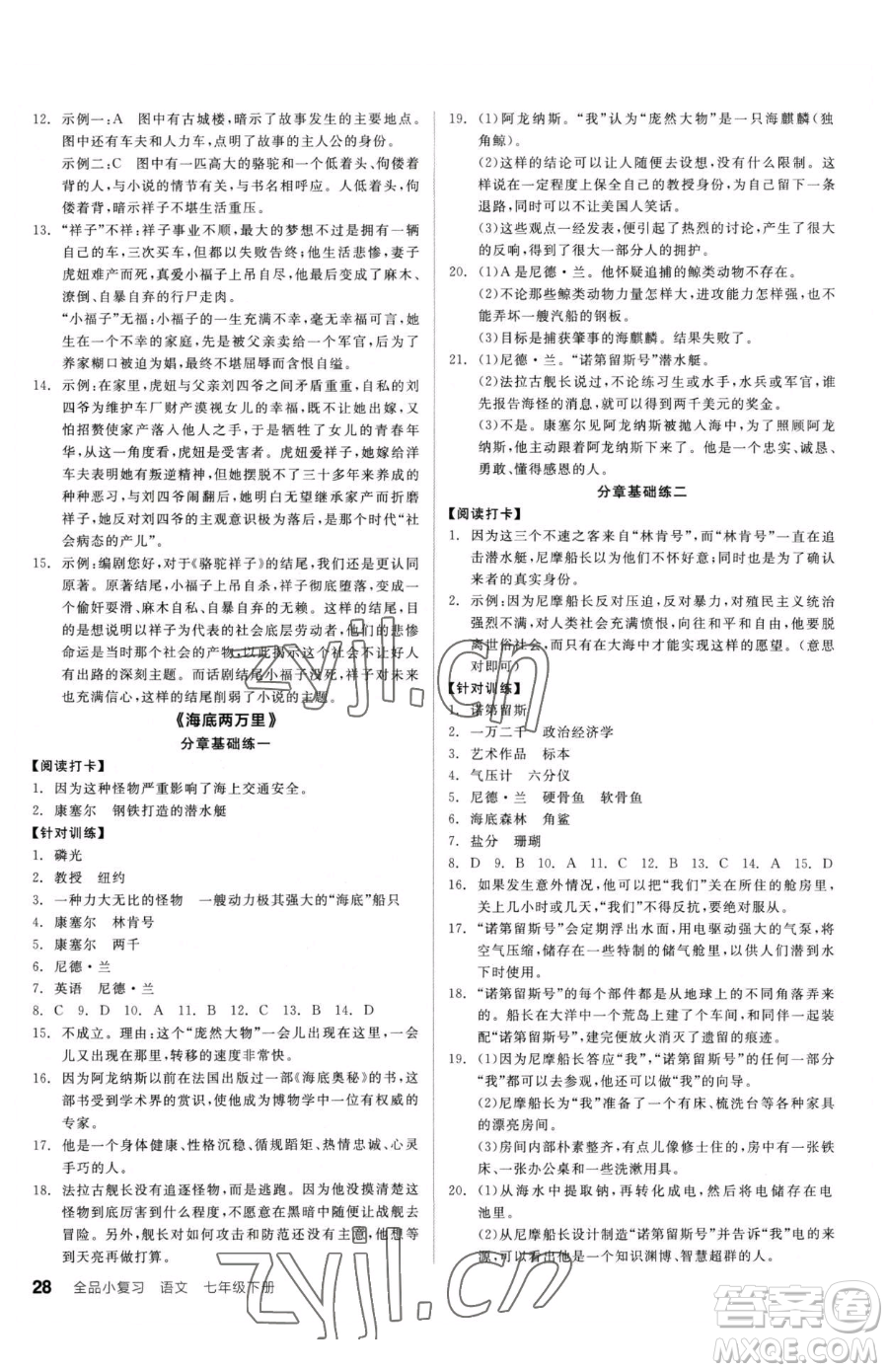 陽光出版社2023全品小復(fù)習(xí)七年級下冊語文人教版參考答案