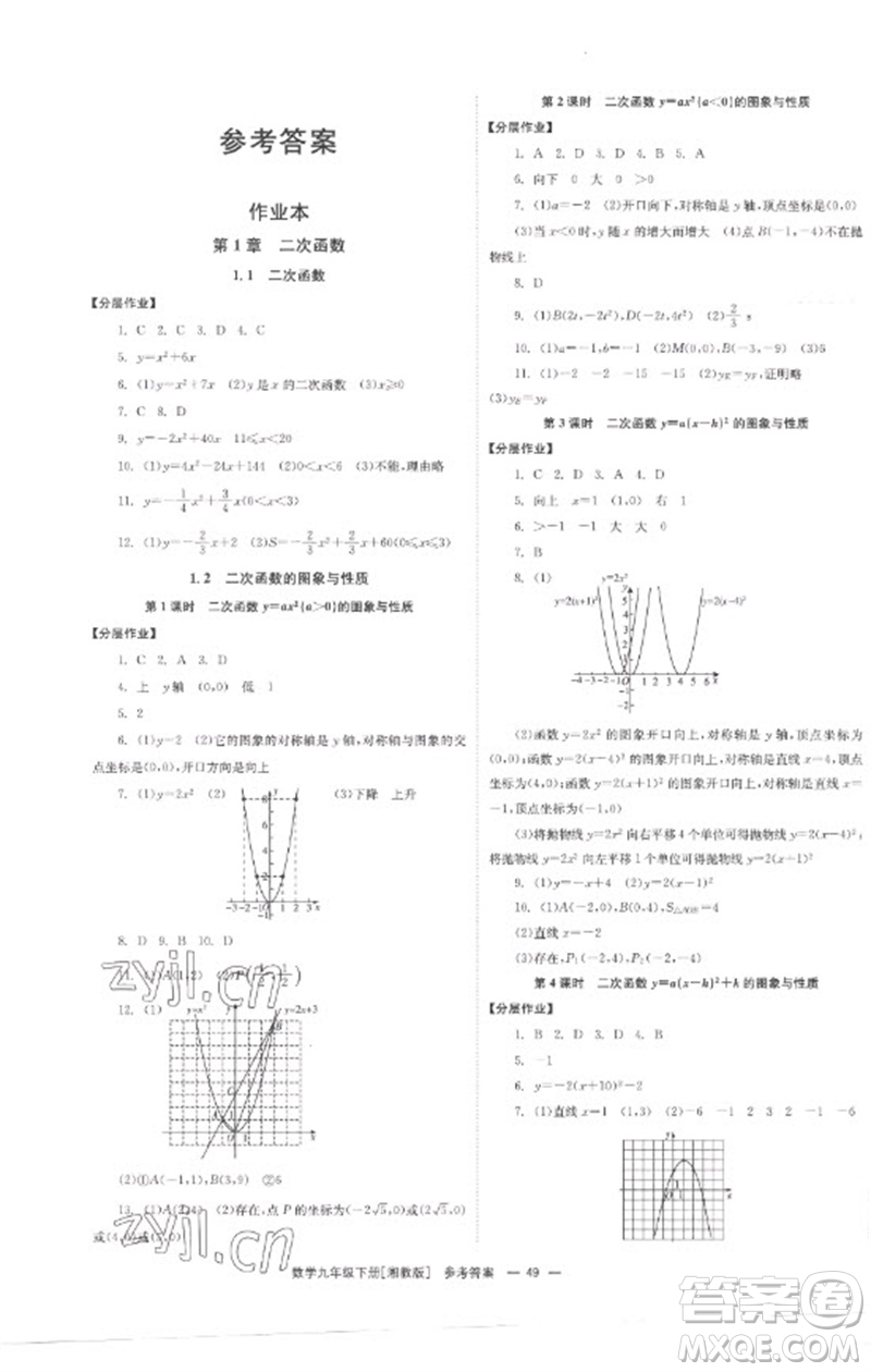 湖南教育出版社2023全效學(xué)習(xí)同步學(xué)練測九年級數(shù)學(xué)下冊湘教版參考答案