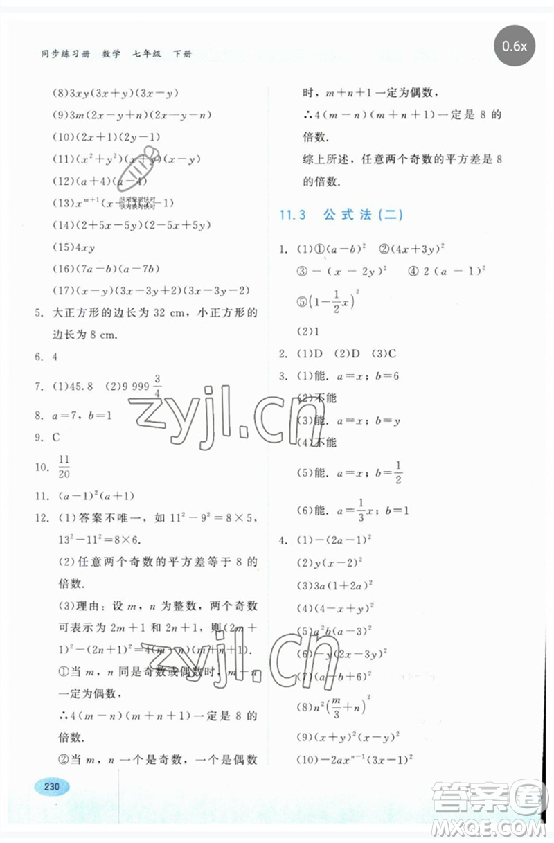 河北教育出版社2023同步練習冊七年級數(shù)學下冊冀教版參考答案