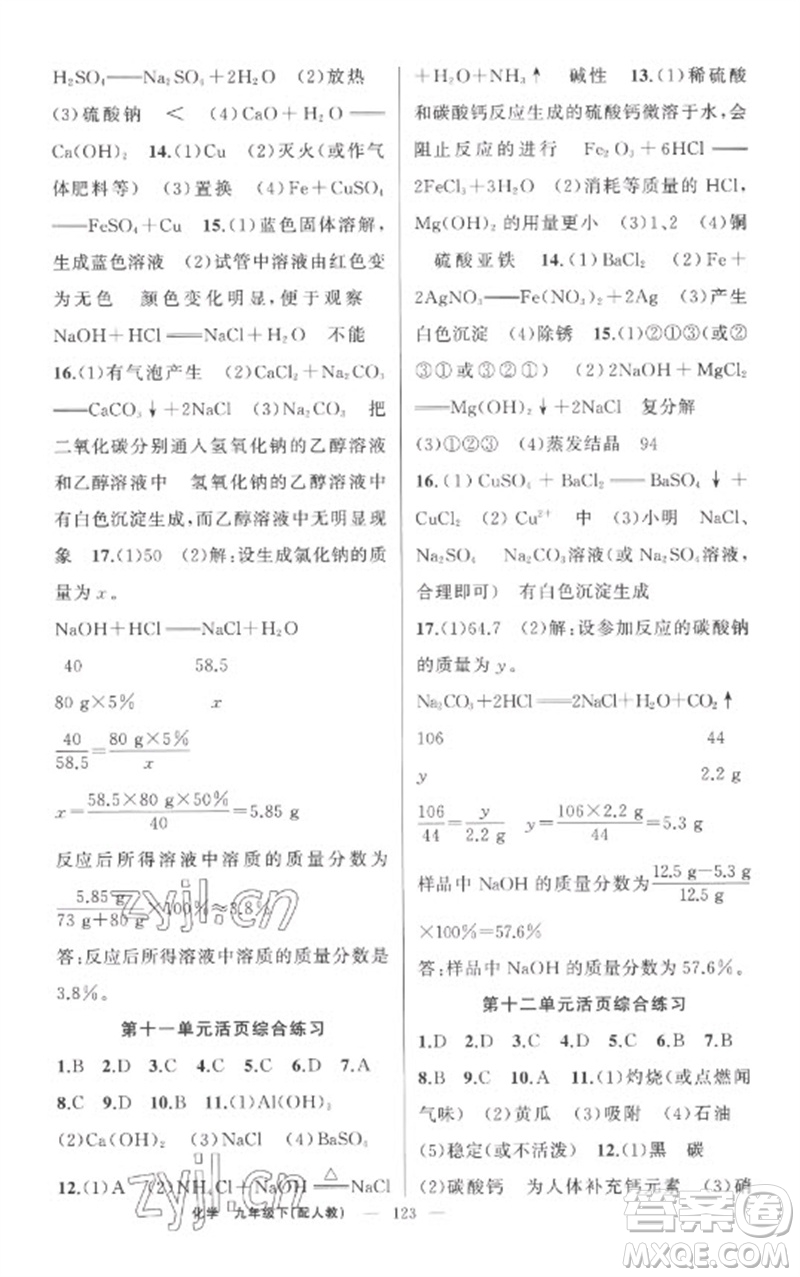 新疆青少年出版社2023原創(chuàng)新課堂九年級化學(xué)下冊人教版參考答案