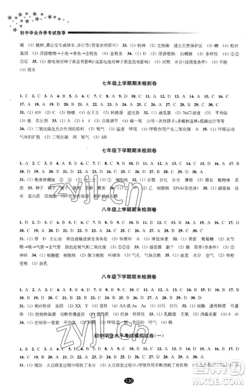 江蘇鳳凰教育出版社2023初中畢業(yè)升學考試指導九年級生物通用版參考答案