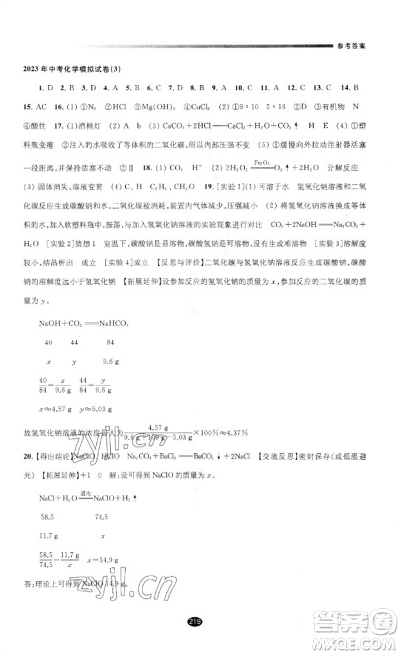 江蘇鳳凰教育出版社2023初中畢業(yè)升學(xué)考試指導(dǎo)九年級(jí)化學(xué)通用版參考答案