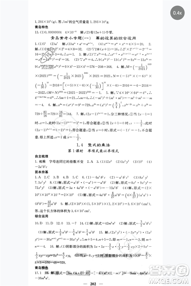 四川大學(xué)出版社2023名校課堂內(nèi)外七年級數(shù)學(xué)下冊北師大版青島專版參考答案