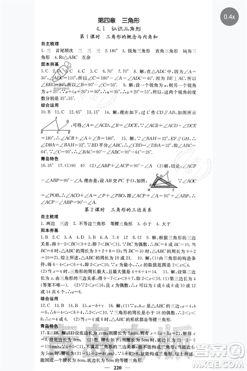 四川大學(xué)出版社2023名校課堂內(nèi)外七年級數(shù)學(xué)下冊北師大版青島專版參考答案