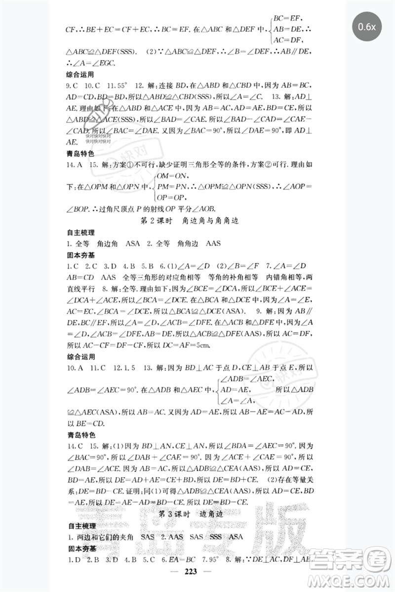 四川大學(xué)出版社2023名校課堂內(nèi)外七年級數(shù)學(xué)下冊北師大版青島專版參考答案