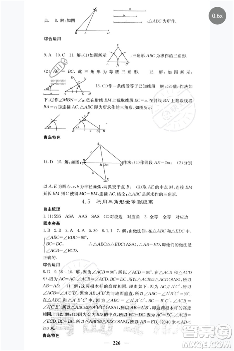 四川大學(xué)出版社2023名校課堂內(nèi)外七年級數(shù)學(xué)下冊北師大版青島專版參考答案