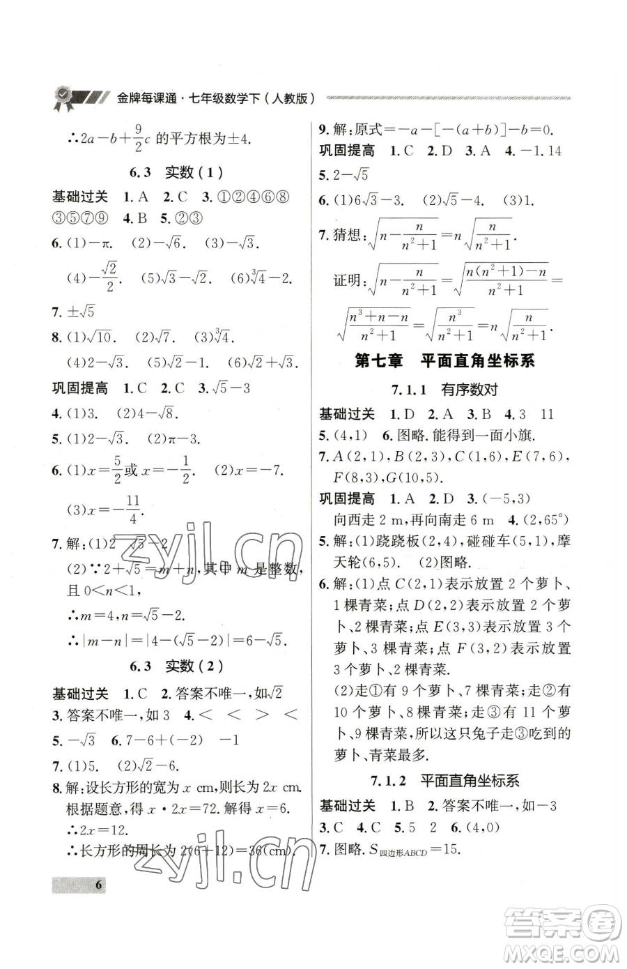 延邊大學出版社2023點石成金金牌每課通七年級下冊數(shù)學人教版參考答案