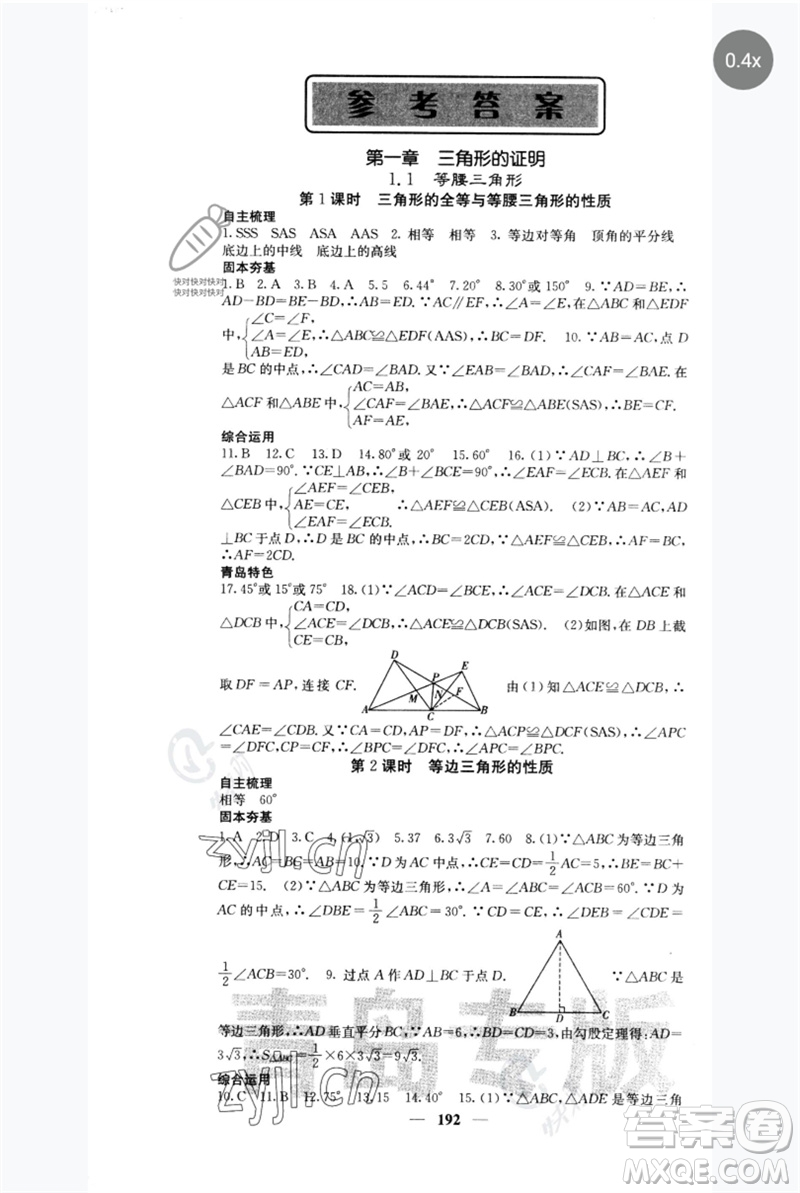 四川大學(xué)出版社2023名校課堂內(nèi)外八年級數(shù)學(xué)下冊北師大版青島專版參考答案