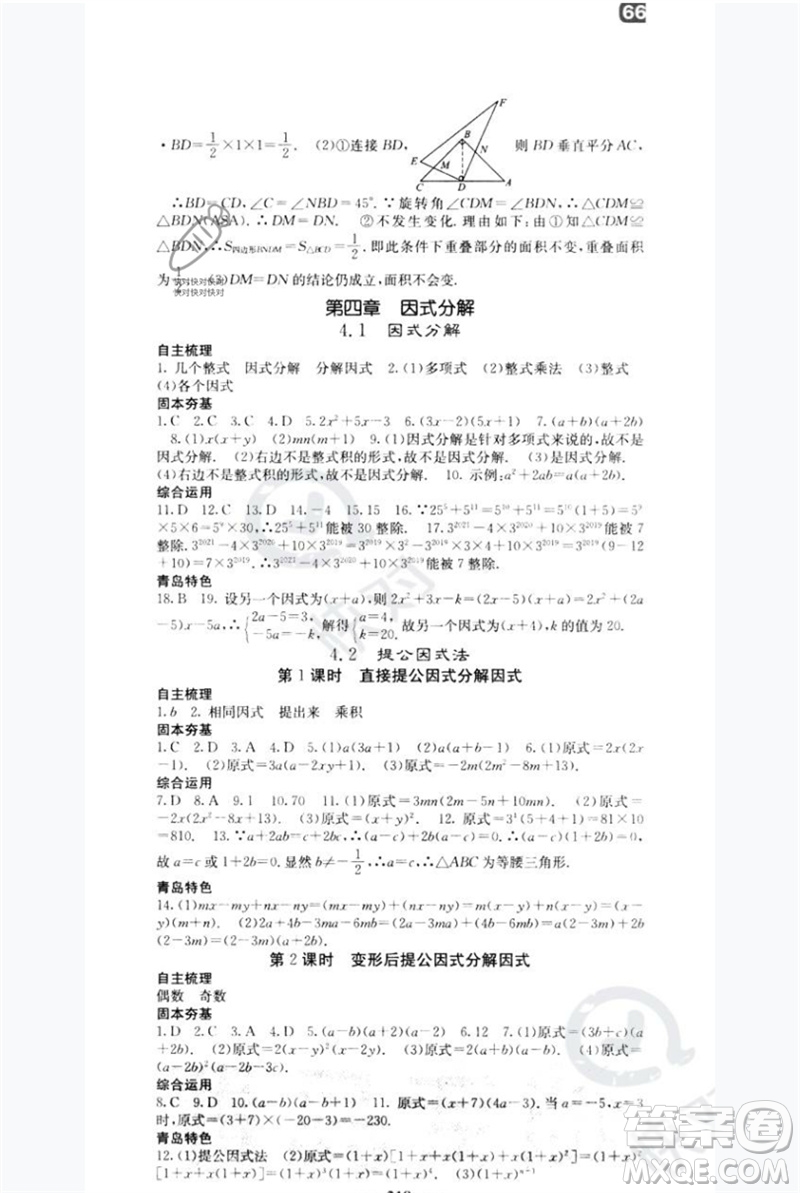 四川大學(xué)出版社2023名校課堂內(nèi)外八年級數(shù)學(xué)下冊北師大版青島專版參考答案