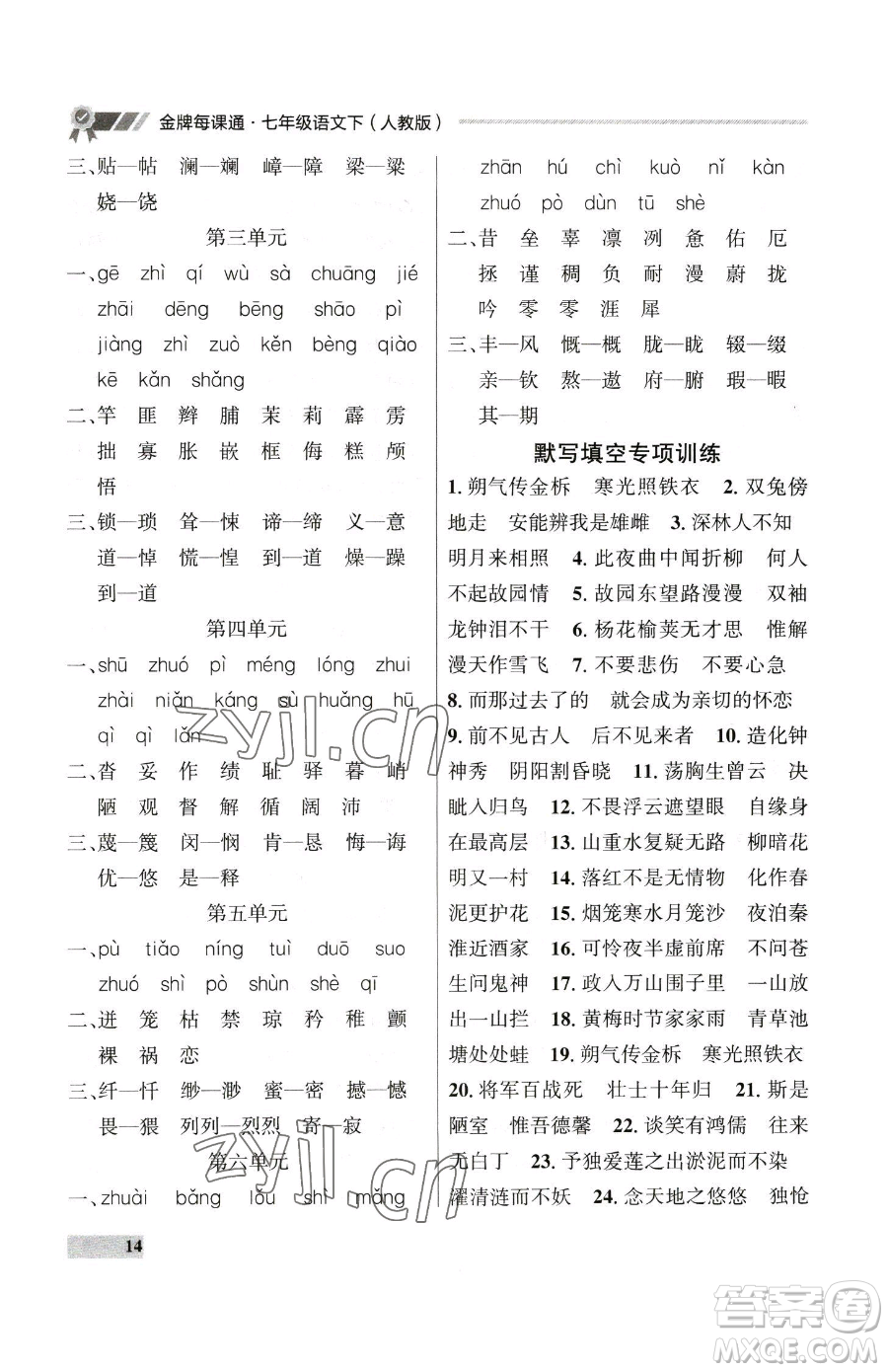 延邊大學(xué)出版社2023點石成金金牌每課通七年級下冊語文人教版大連專版參考答案