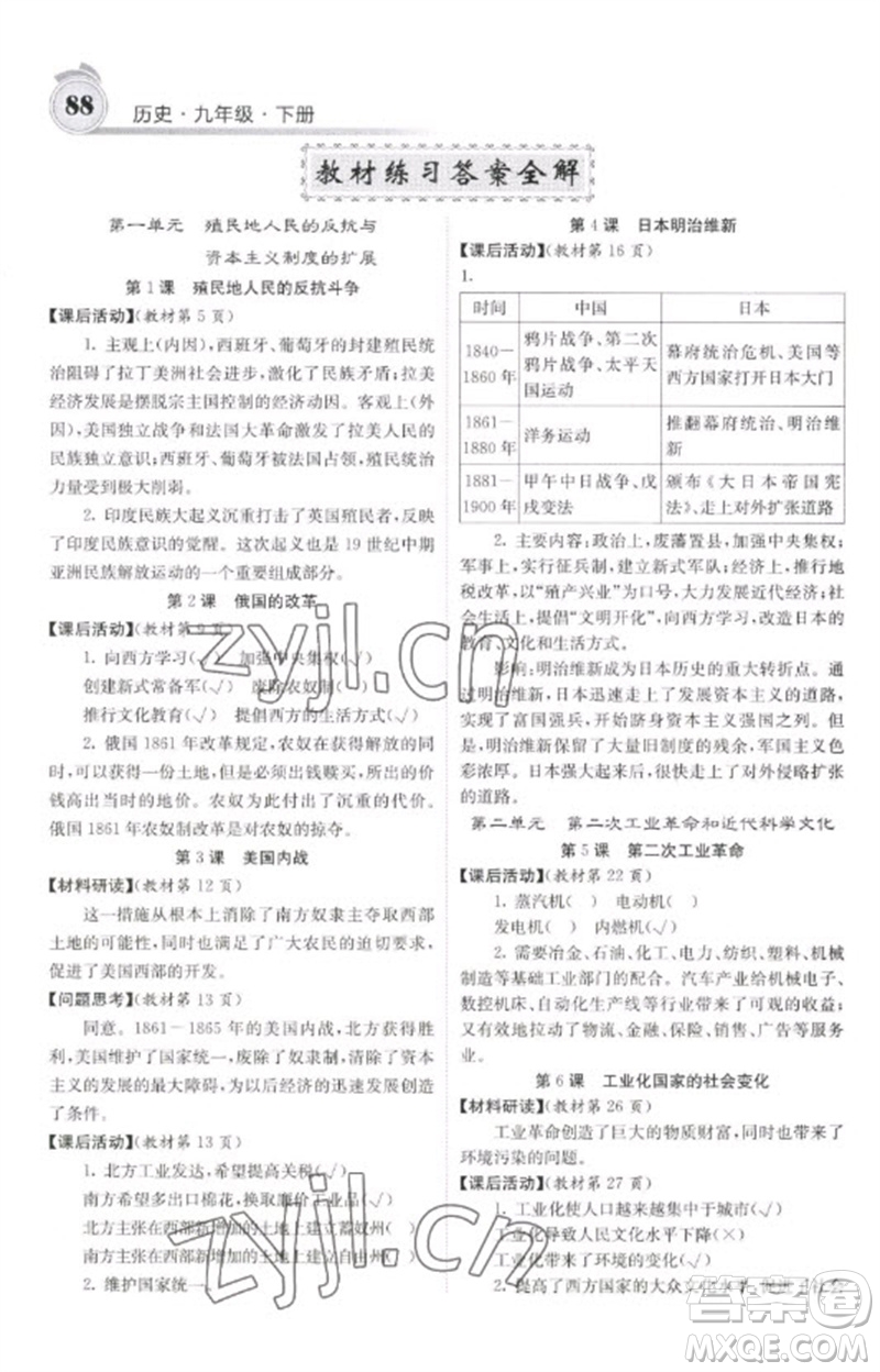 中華地圖學社2023名校課堂內(nèi)外九年級歷史下冊人教版參考答案