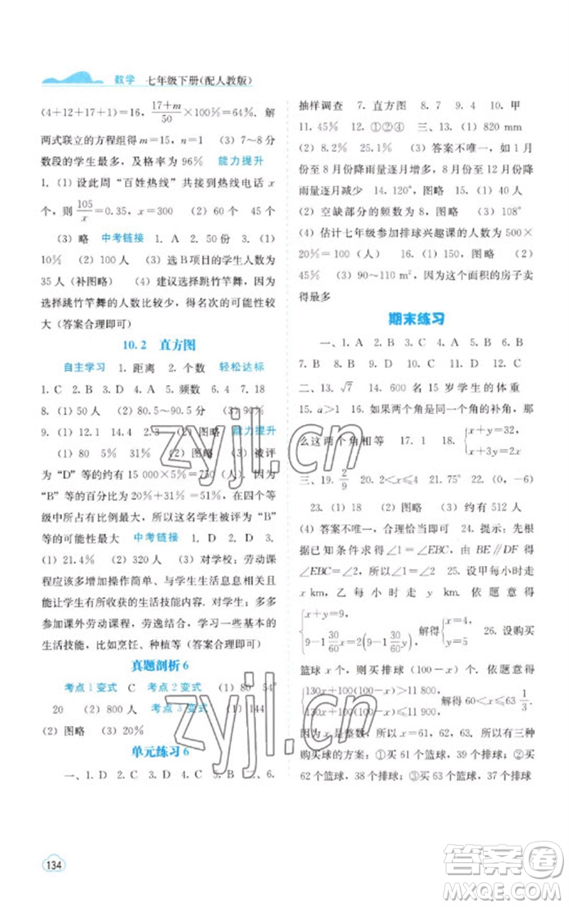 廣西教育出版社2023自主學(xué)習(xí)能力測(cè)評(píng)七年級(jí)數(shù)學(xué)下冊(cè)人教版參考答案