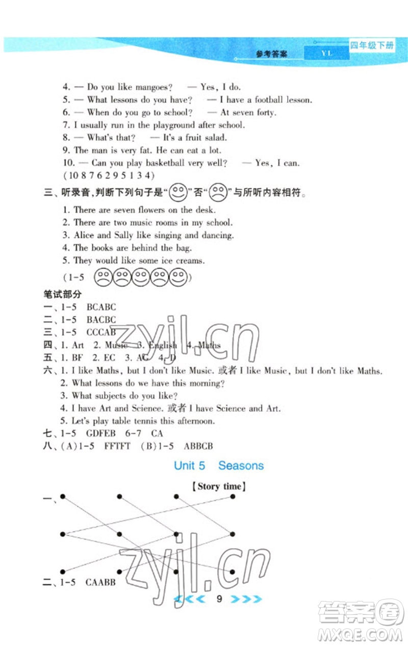 黃山書(shū)社2023自主學(xué)習(xí)當(dāng)堂反饋課時(shí)作業(yè)本四年級(jí)英語(yǔ)下冊(cè)譯林版參考答案