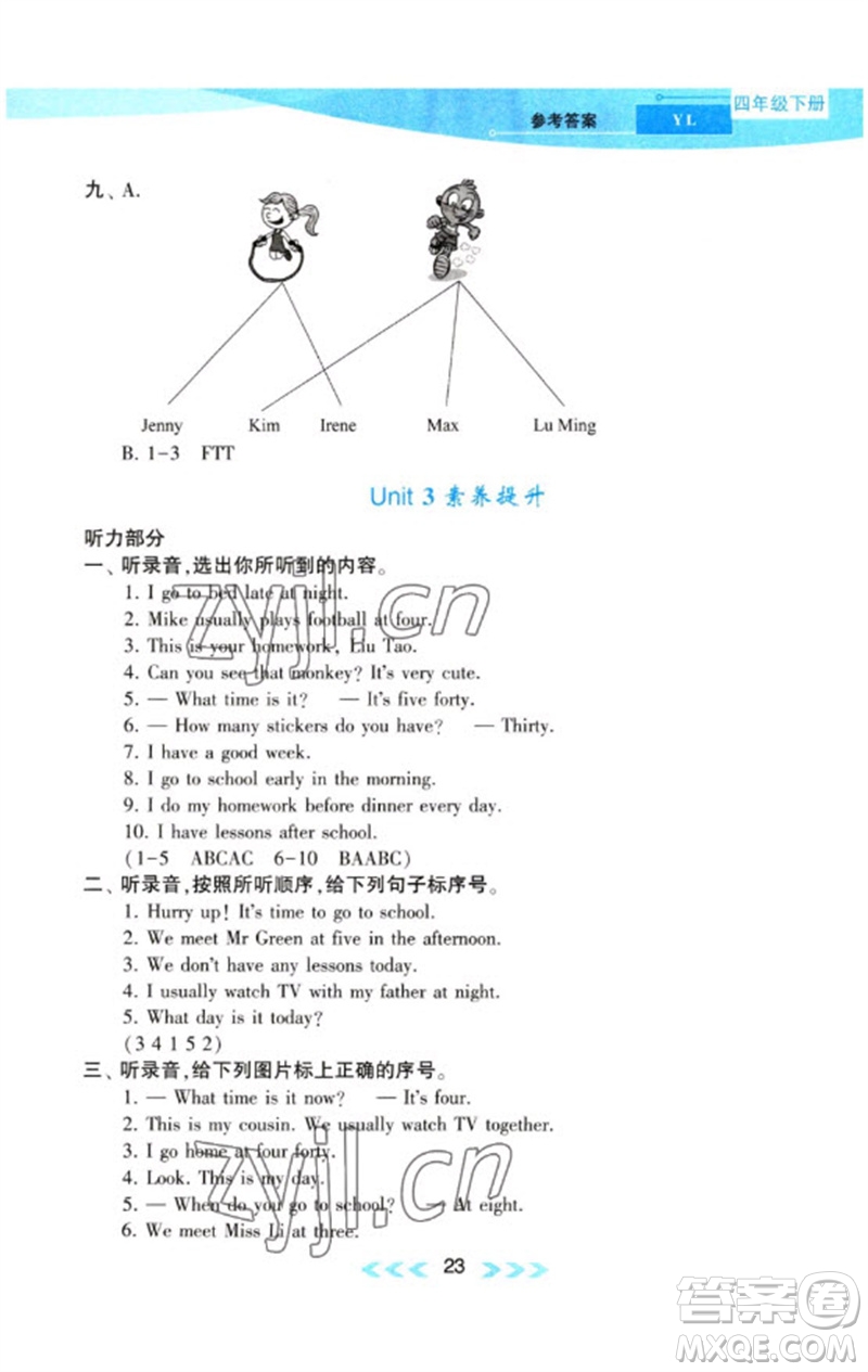 黃山書(shū)社2023自主學(xué)習(xí)當(dāng)堂反饋課時(shí)作業(yè)本四年級(jí)英語(yǔ)下冊(cè)譯林版參考答案