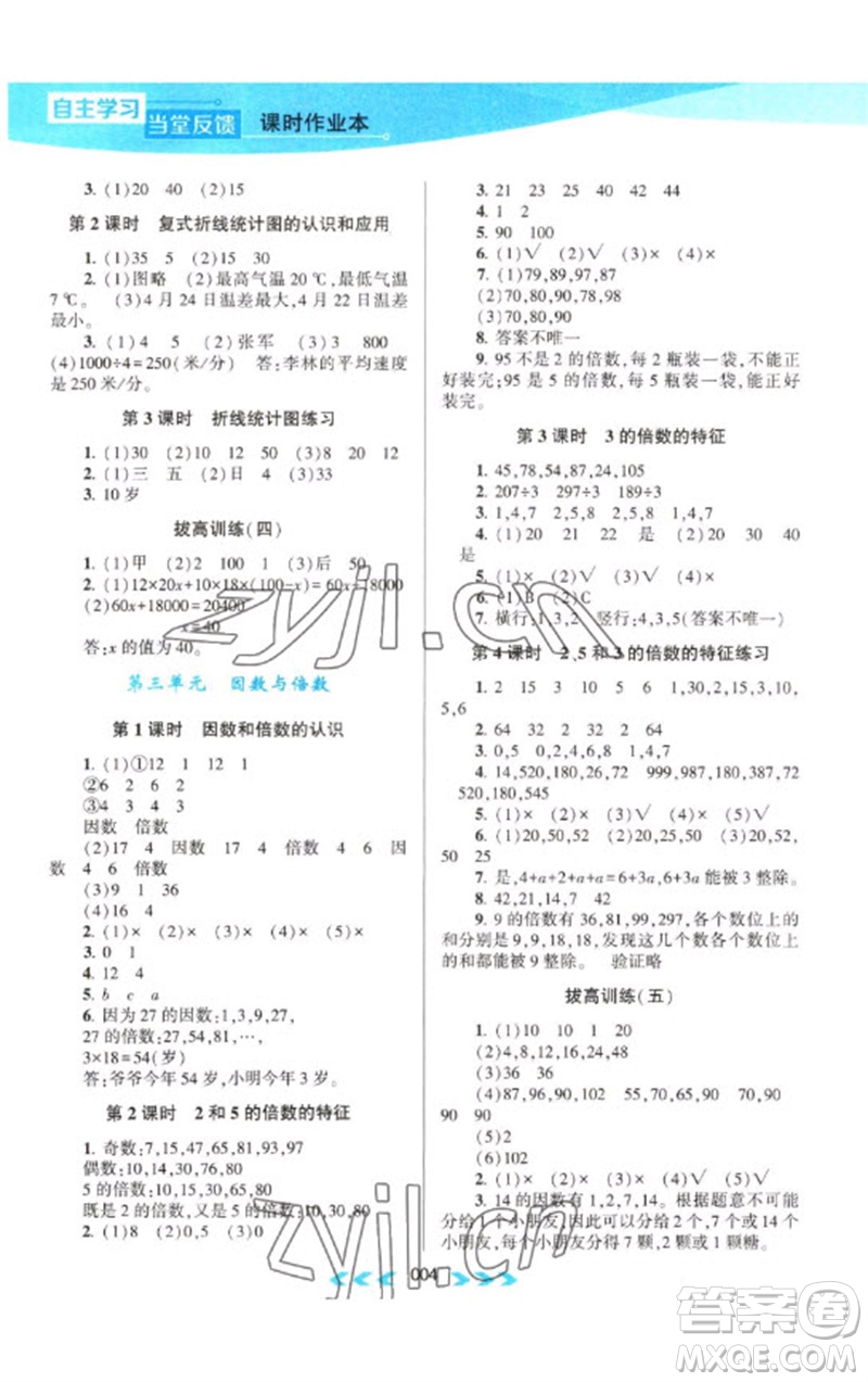 黃山書社2023自主學(xué)習(xí)當(dāng)堂反饋課時(shí)作業(yè)本五年級數(shù)學(xué)下冊蘇教版參考答案