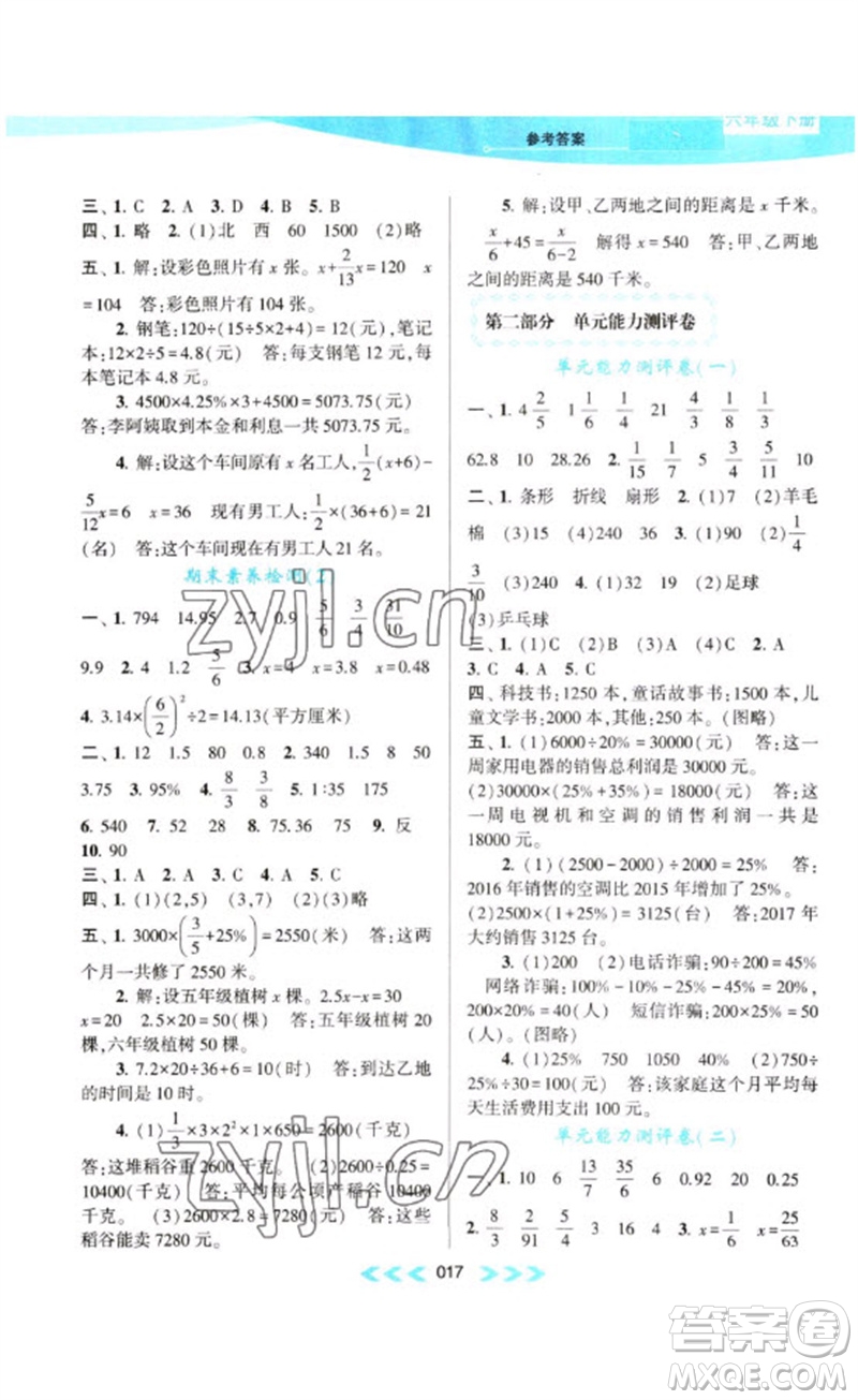 黃山書社2023自主學(xué)習(xí)當(dāng)堂反饋課時作業(yè)本六年級數(shù)學(xué)下冊蘇教版參考答案