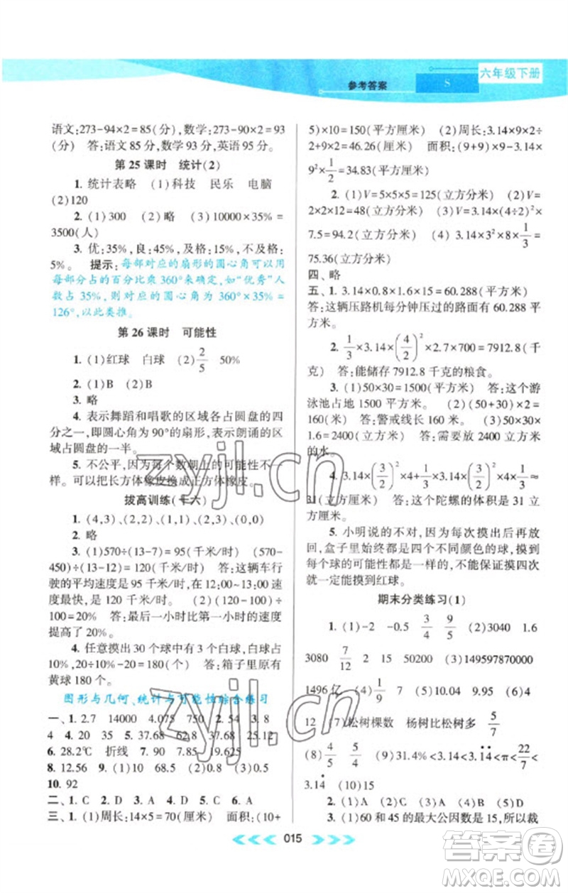 黃山書社2023自主學(xué)習(xí)當(dāng)堂反饋課時作業(yè)本六年級數(shù)學(xué)下冊蘇教版參考答案