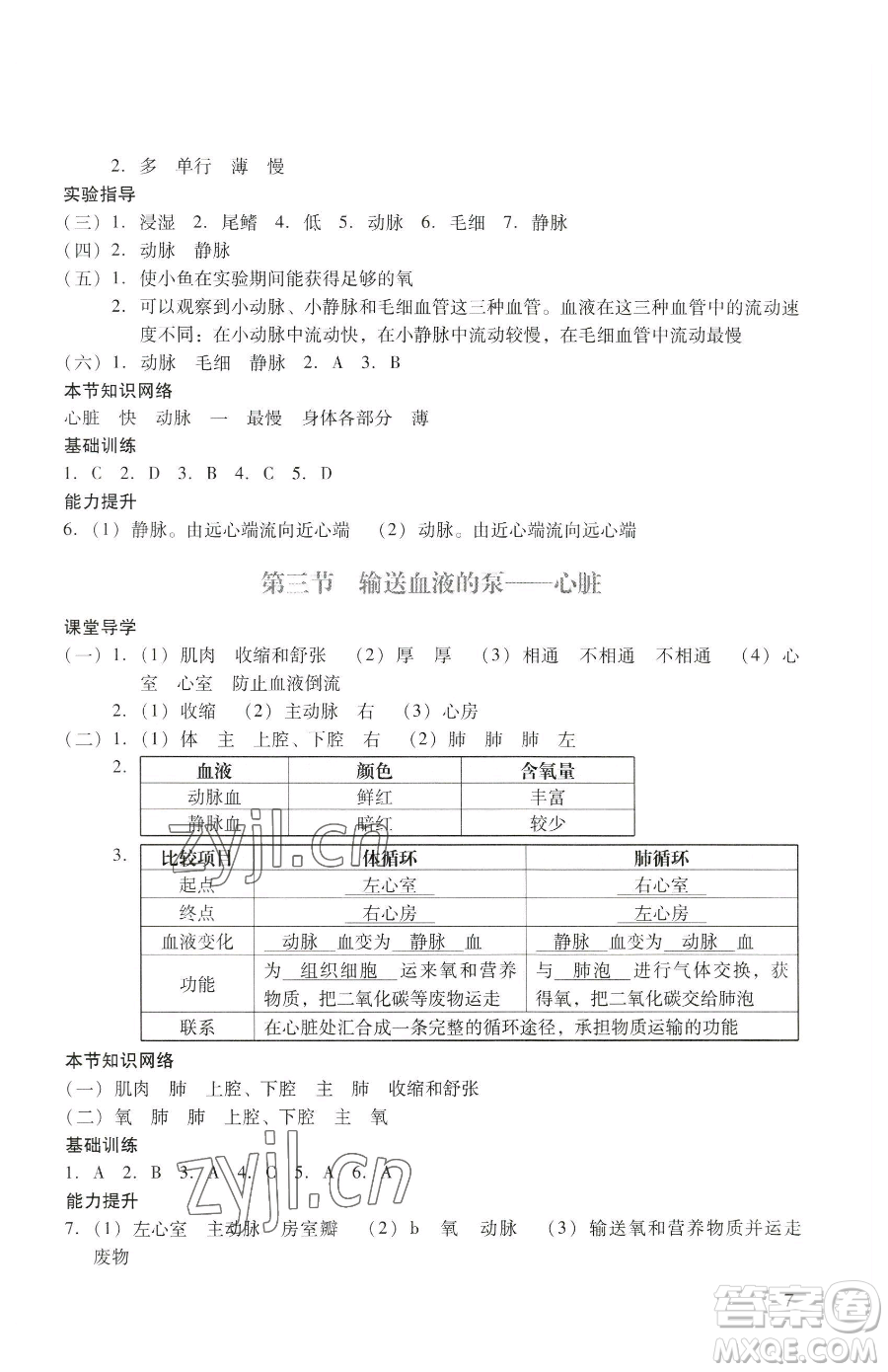 廣州出版社2023陽光學(xué)業(yè)評價七年級下冊生物人教版參考答案