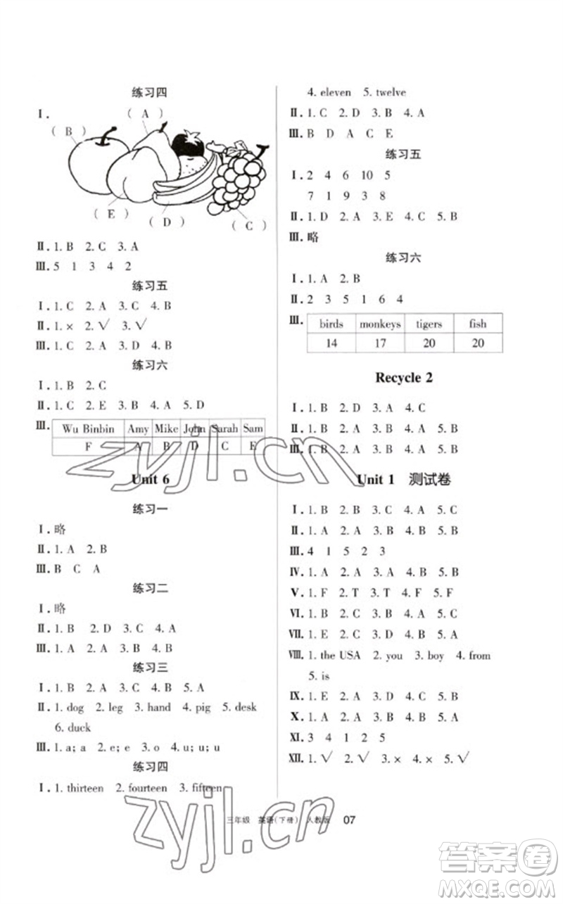 寧夏人民教育出版社2023學(xué)習(xí)之友三年級(jí)英語(yǔ)下冊(cè)人教PEP版參考答案