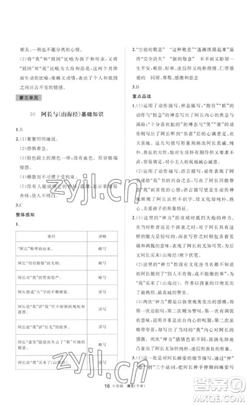 寧夏人民教育出版社2023學(xué)習(xí)之友七年級(jí)語(yǔ)文下冊(cè)人教版參考答案