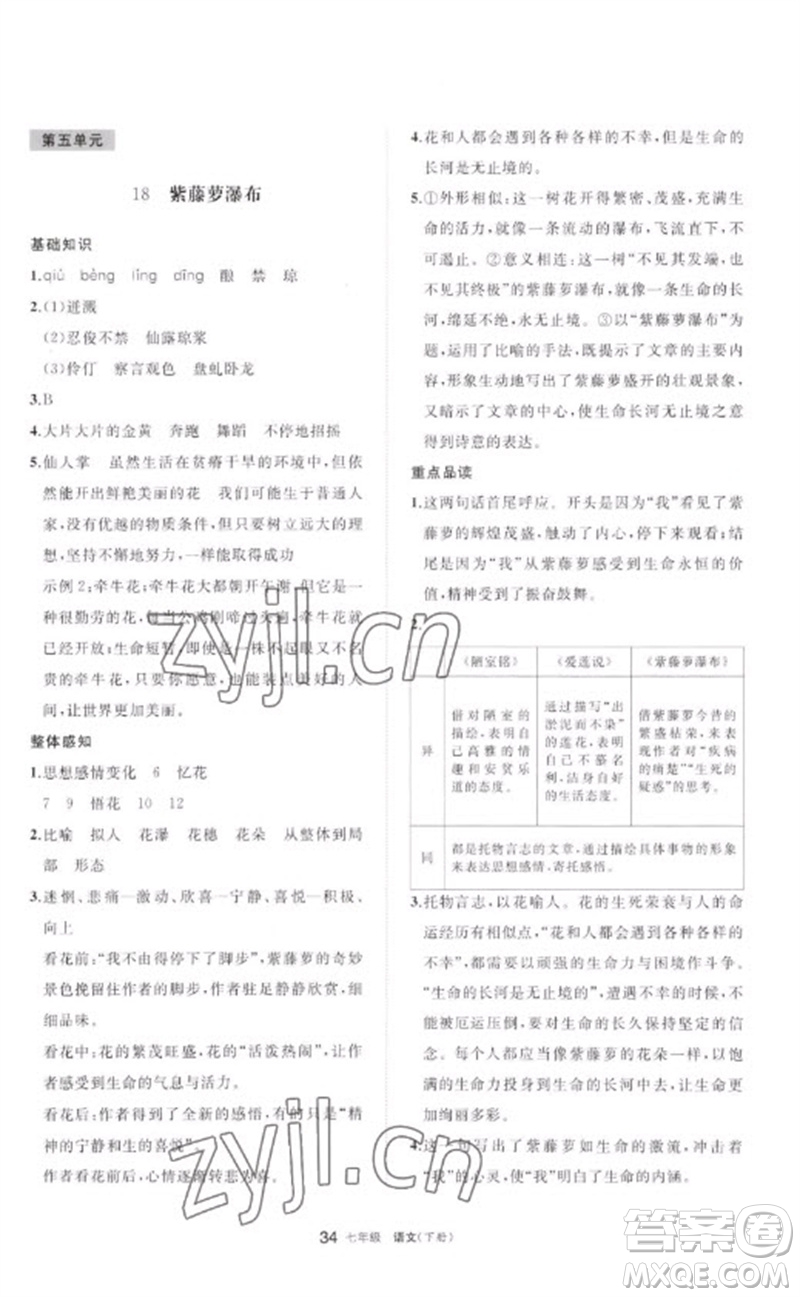 寧夏人民教育出版社2023學(xué)習(xí)之友七年級(jí)語(yǔ)文下冊(cè)人教版參考答案