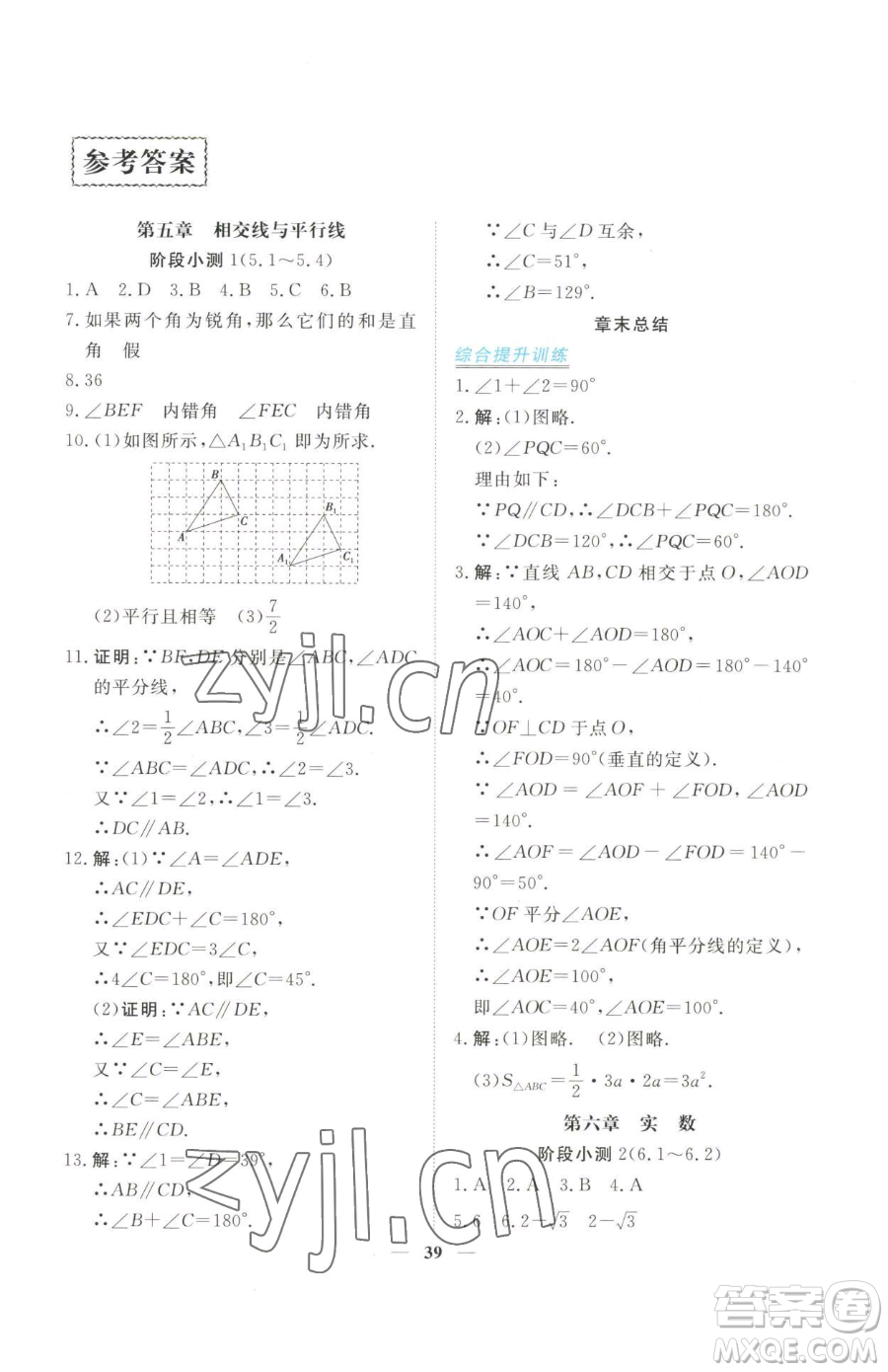 青海人民出版社2023新坐標同步練習七年級下冊數(shù)學人教版青海專用參考答案