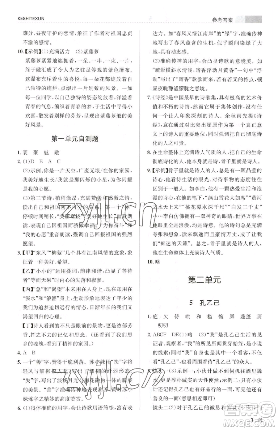 浙江人民出版社2023課時特訓九年級下冊語文人教版參考答案