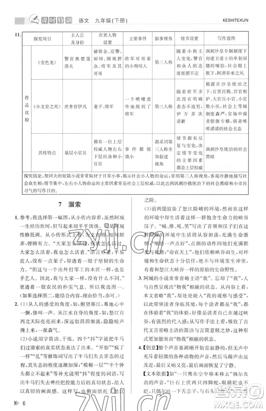 浙江人民出版社2023課時特訓九年級下冊語文人教版參考答案