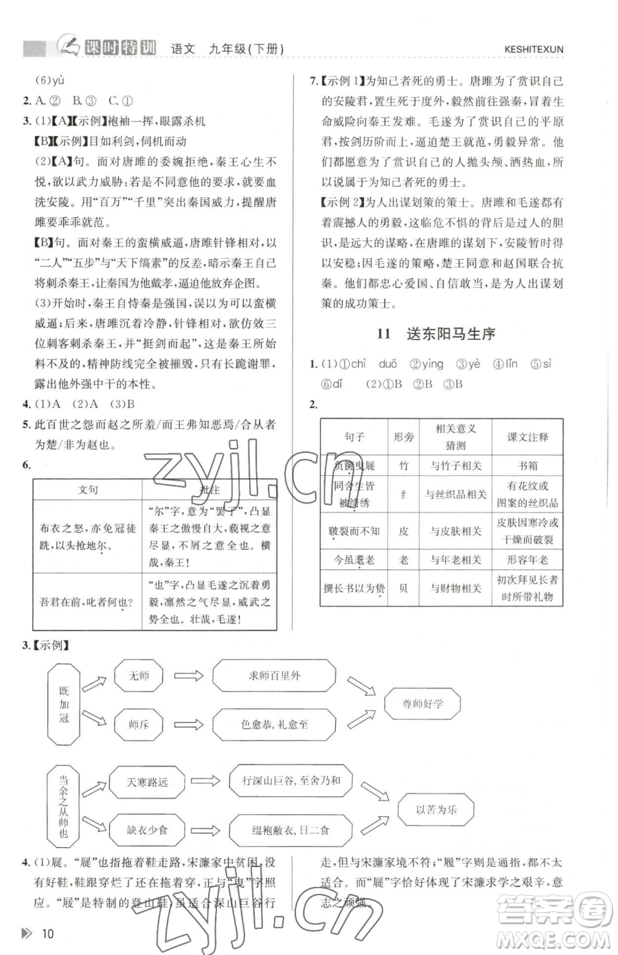 浙江人民出版社2023課時特訓九年級下冊語文人教版參考答案