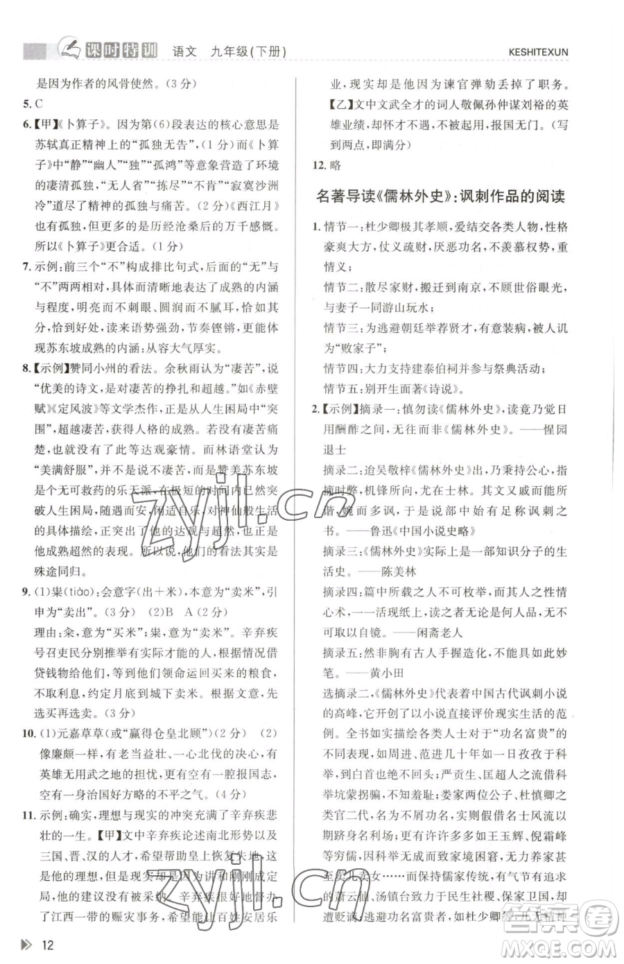 浙江人民出版社2023課時特訓九年級下冊語文人教版參考答案