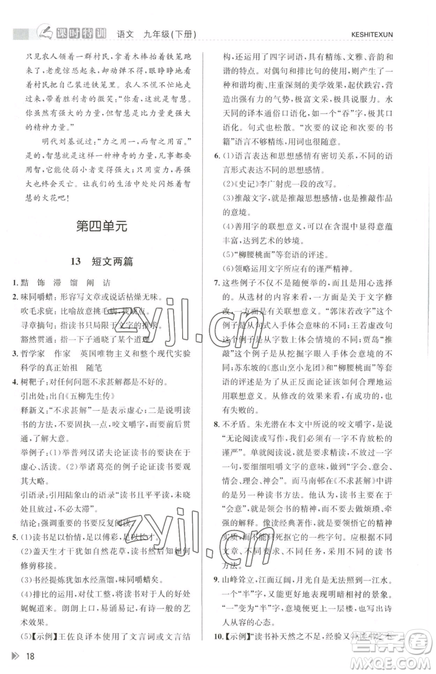 浙江人民出版社2023課時特訓九年級下冊語文人教版參考答案