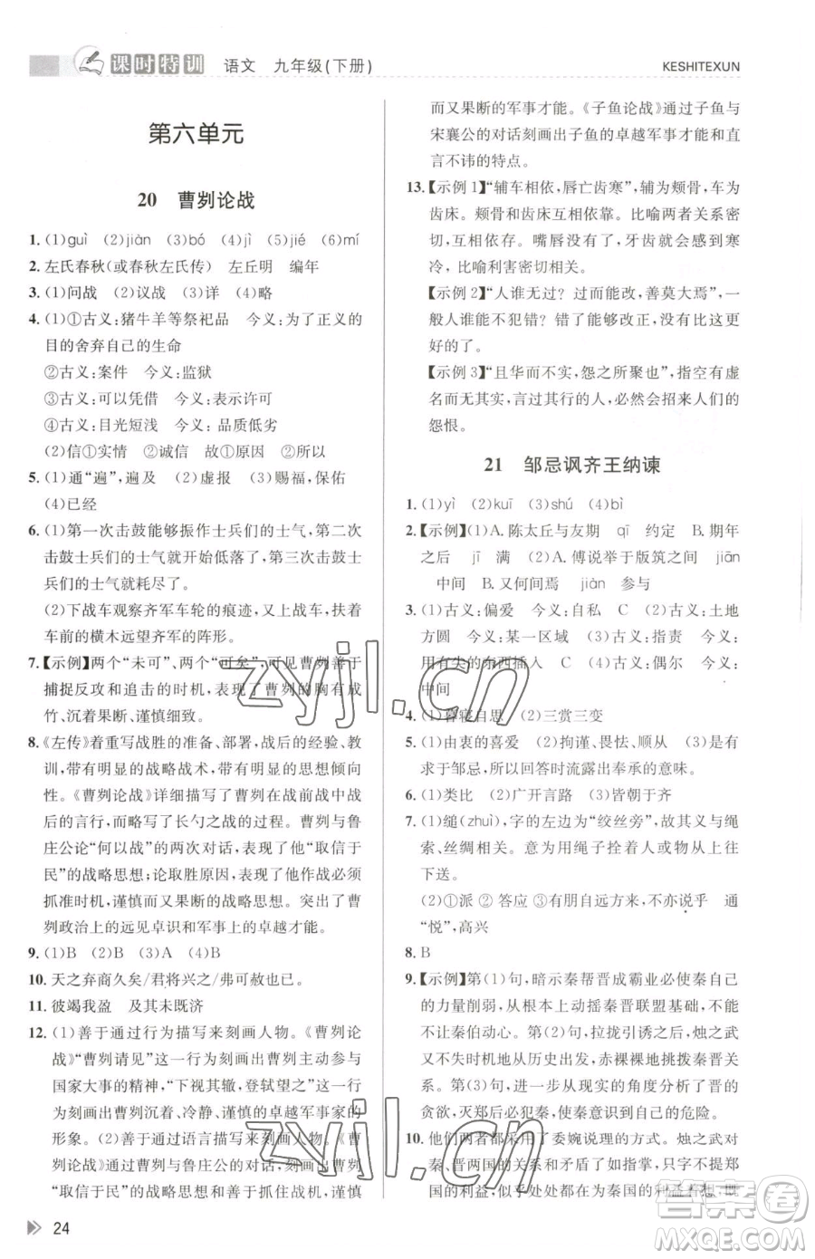 浙江人民出版社2023課時特訓九年級下冊語文人教版參考答案