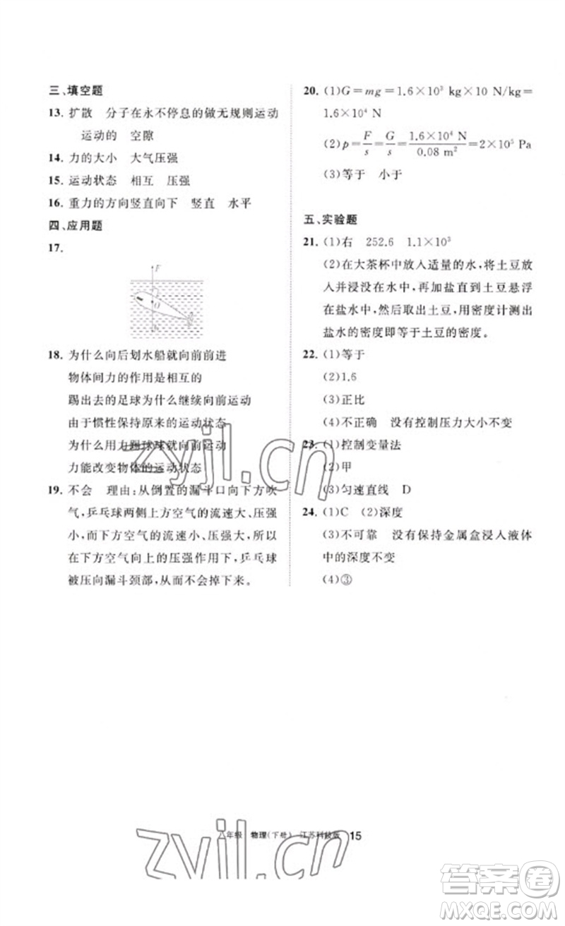 寧夏人民教育出版社2023學(xué)習(xí)之友八年級(jí)物理下冊(cè)蘇科版參考答案