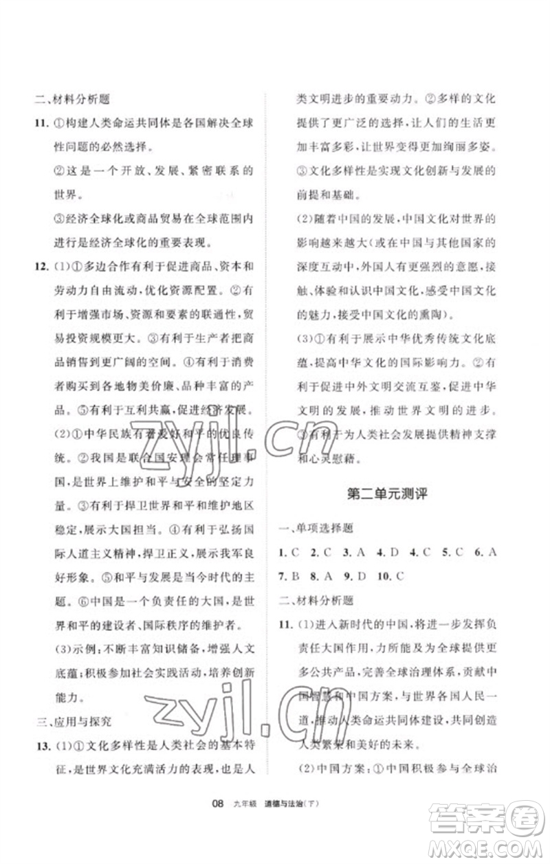 寧夏人民教育出版社2023學習之友九年級道德與法治下冊人教版參考答案