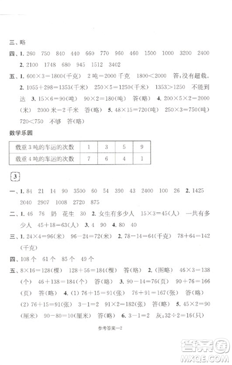 江蘇鳳凰少年兒童出版社2023學習樂園單元自主檢測三年級數學下冊蘇教版參考答案