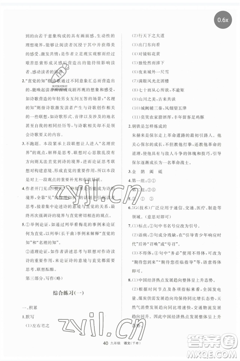 寧夏人民教育出版社2023學(xué)習(xí)之友九年級(jí)語文下冊(cè)人教版參考答案