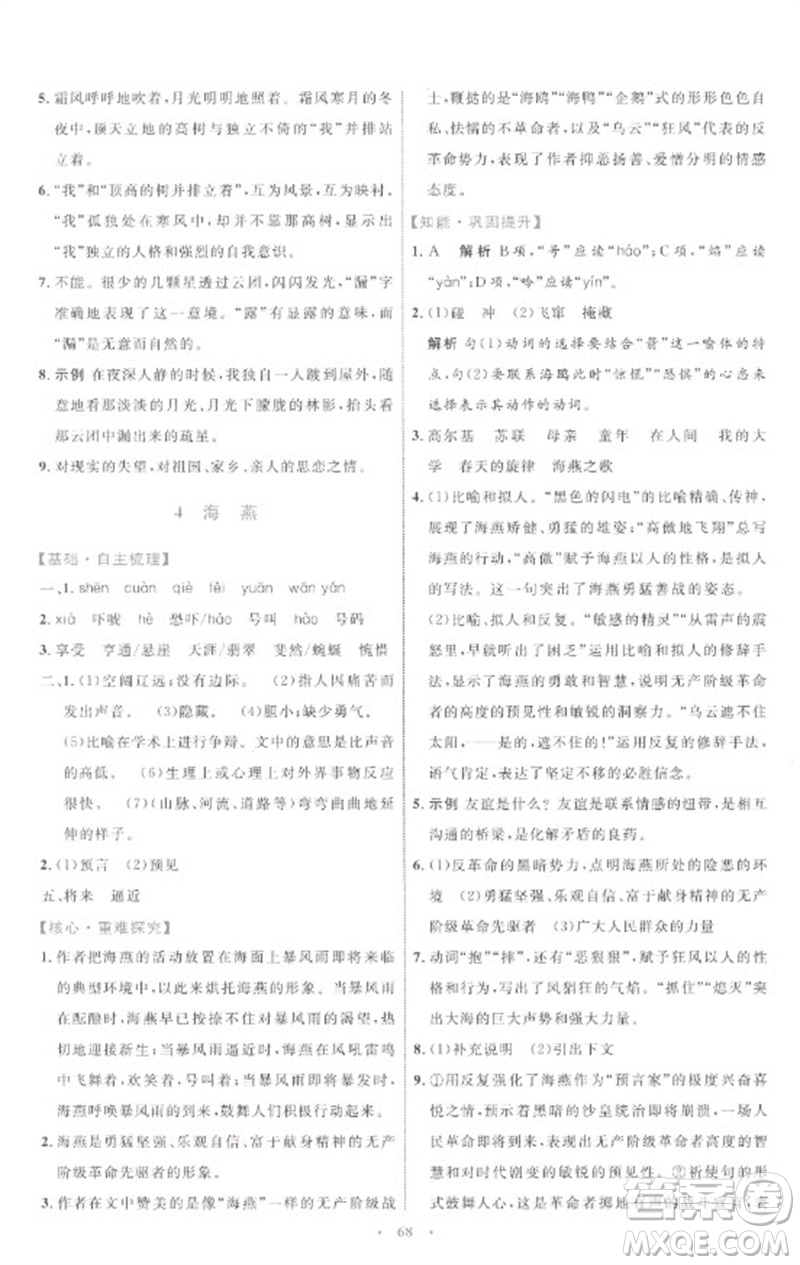 內(nèi)蒙古教育出版社2023初中同步學習目標與檢測九年級語文下冊人教版參考答案