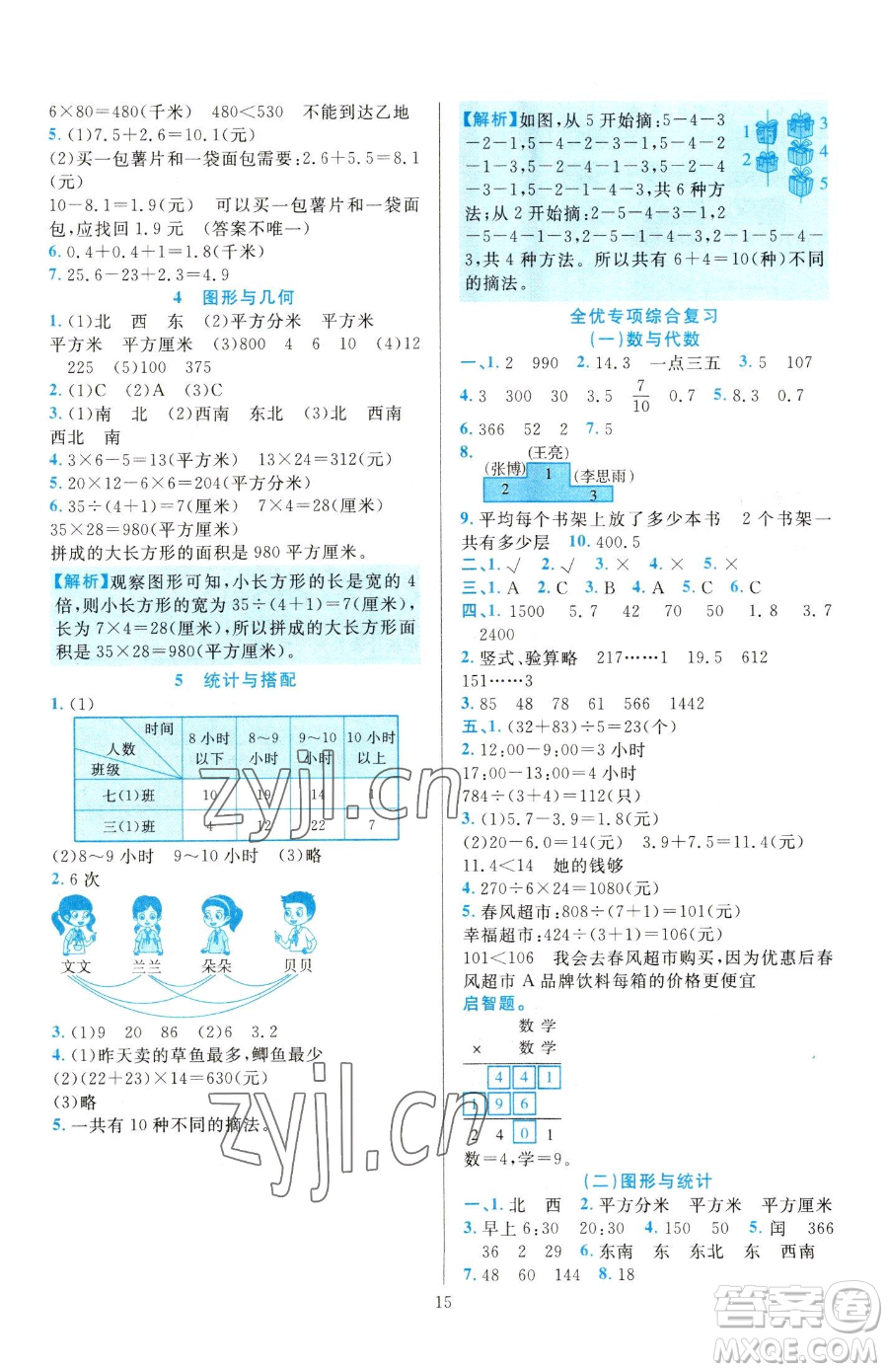 浙江教育出版社2023全優(yōu)方案夯實(shí)與提高三年級下冊數(shù)學(xué)人教版參考答案