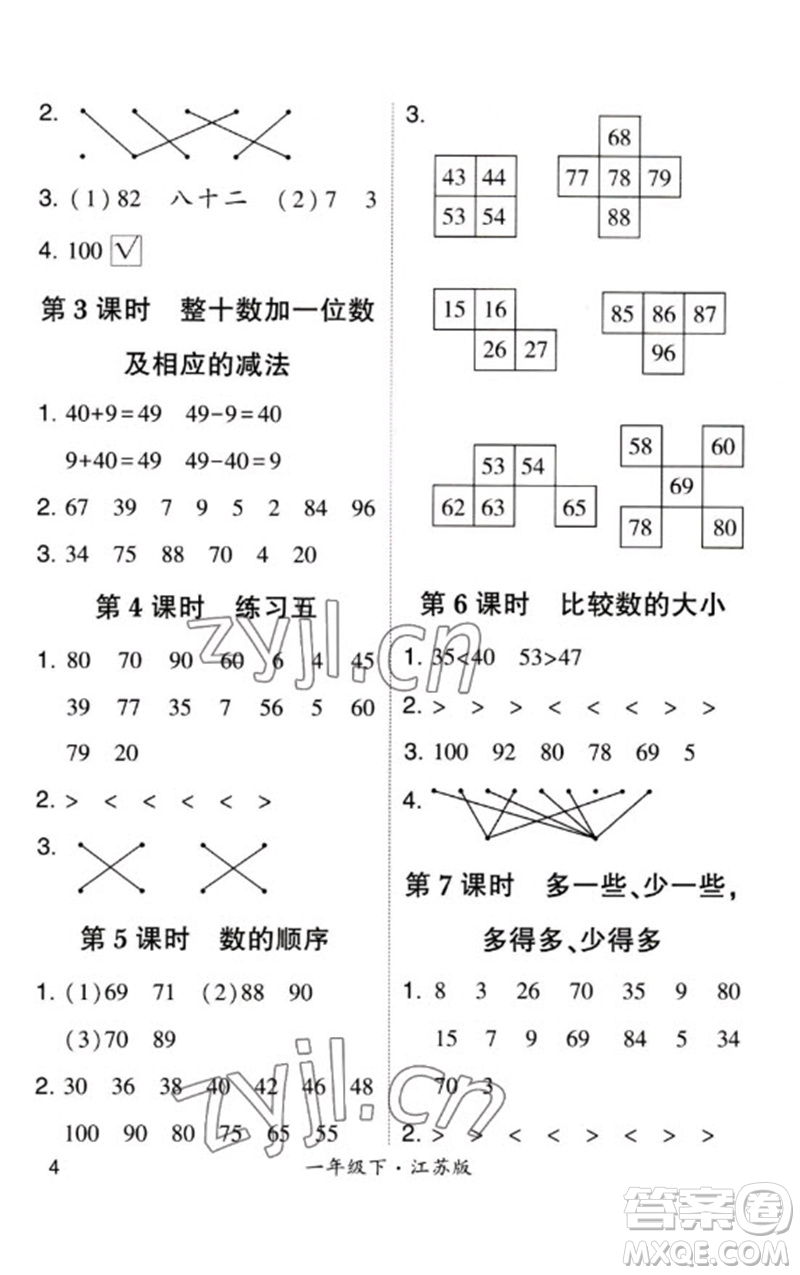 河海大學(xué)出版社2023學(xué)霸計算小能手一年級數(shù)學(xué)下冊蘇教版參考答案