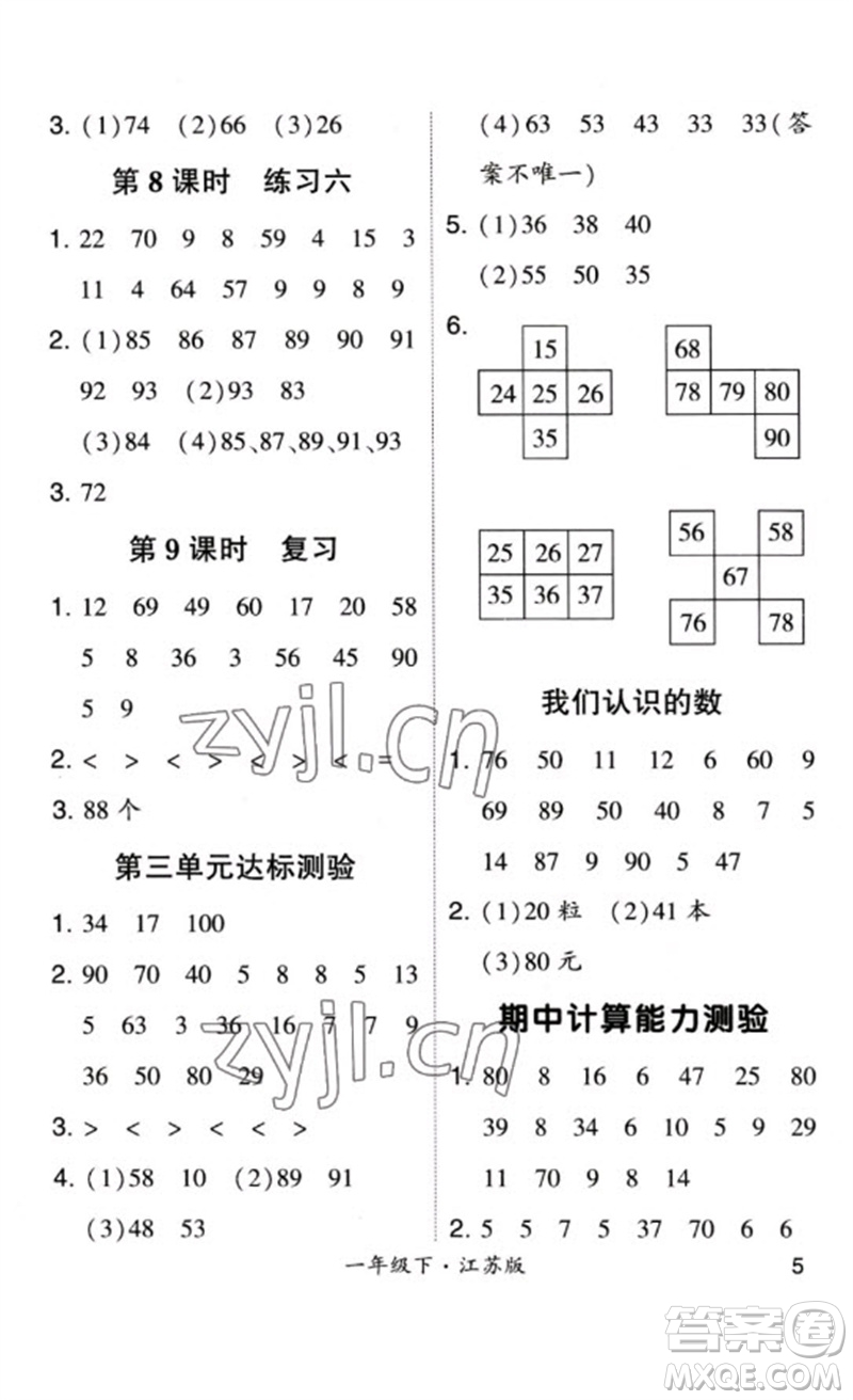 河海大學(xué)出版社2023學(xué)霸計算小能手一年級數(shù)學(xué)下冊蘇教版參考答案