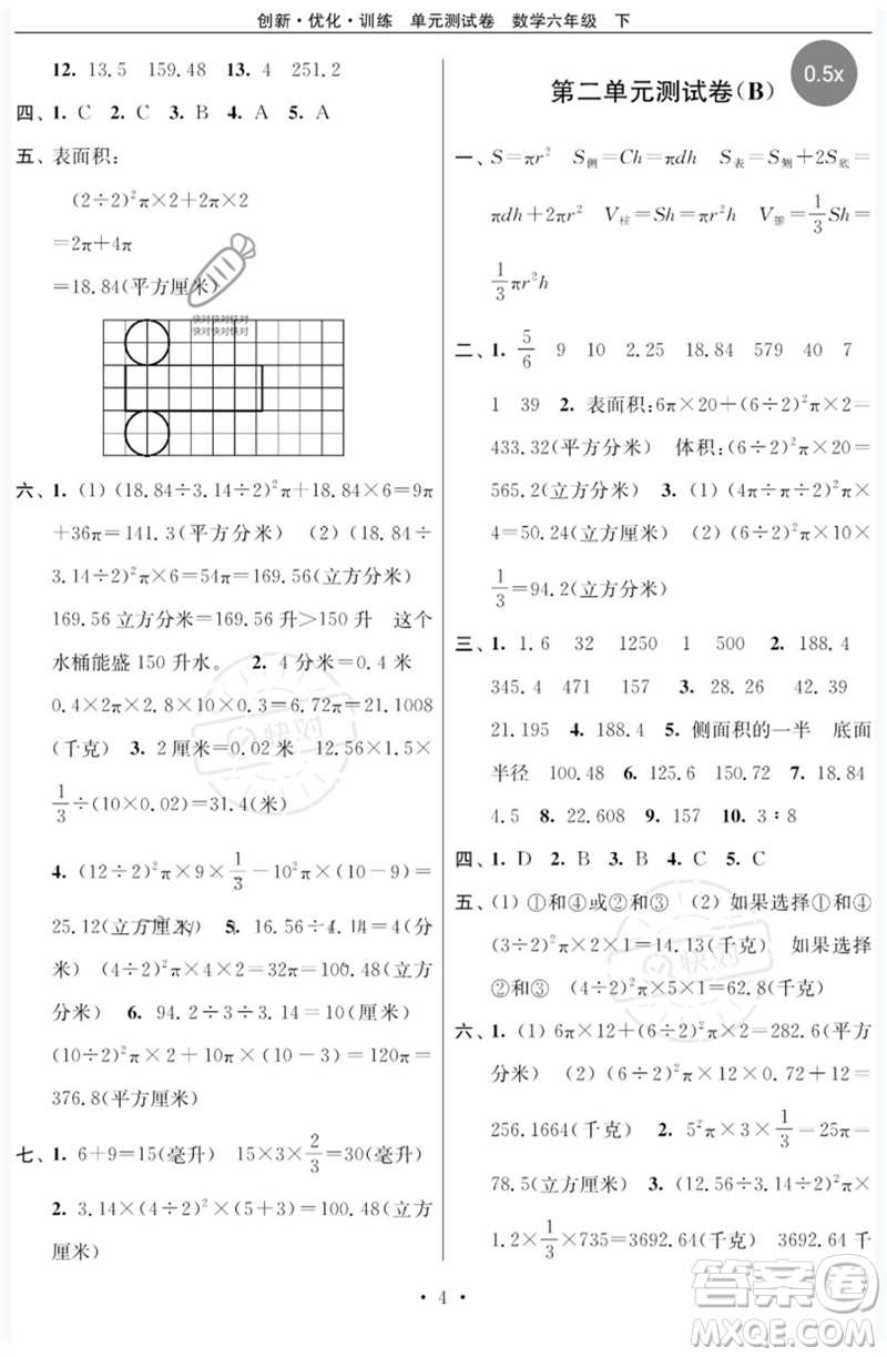 江蘇鳳凰美術(shù)出版社2023創(chuàng)新優(yōu)化訓練單元測試卷六年級數(shù)學下冊蘇教版參考答案