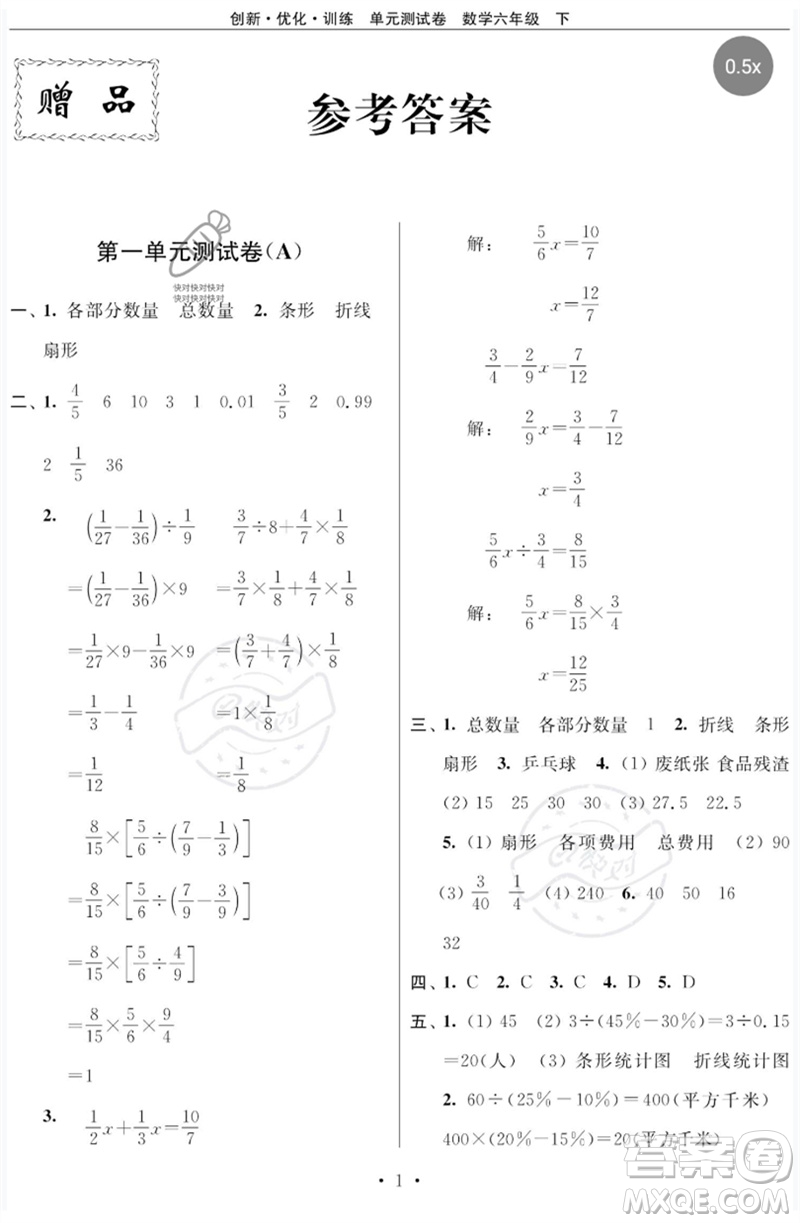 江蘇鳳凰美術(shù)出版社2023創(chuàng)新優(yōu)化訓練單元測試卷六年級數(shù)學下冊蘇教版參考答案