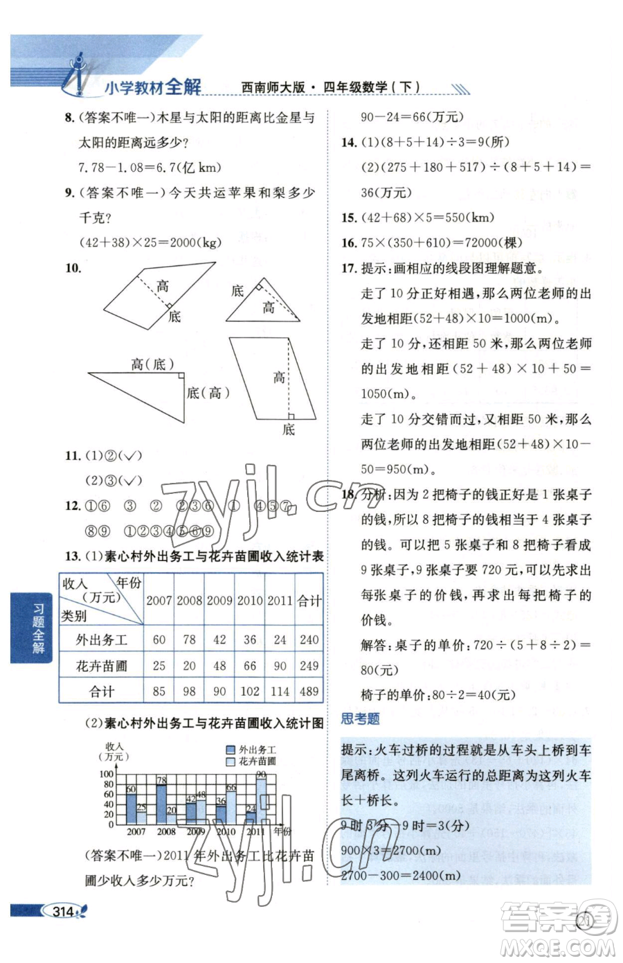 陜西人民教育出版社2023小學教材全解四年級下冊數(shù)學西南師大版參考答案