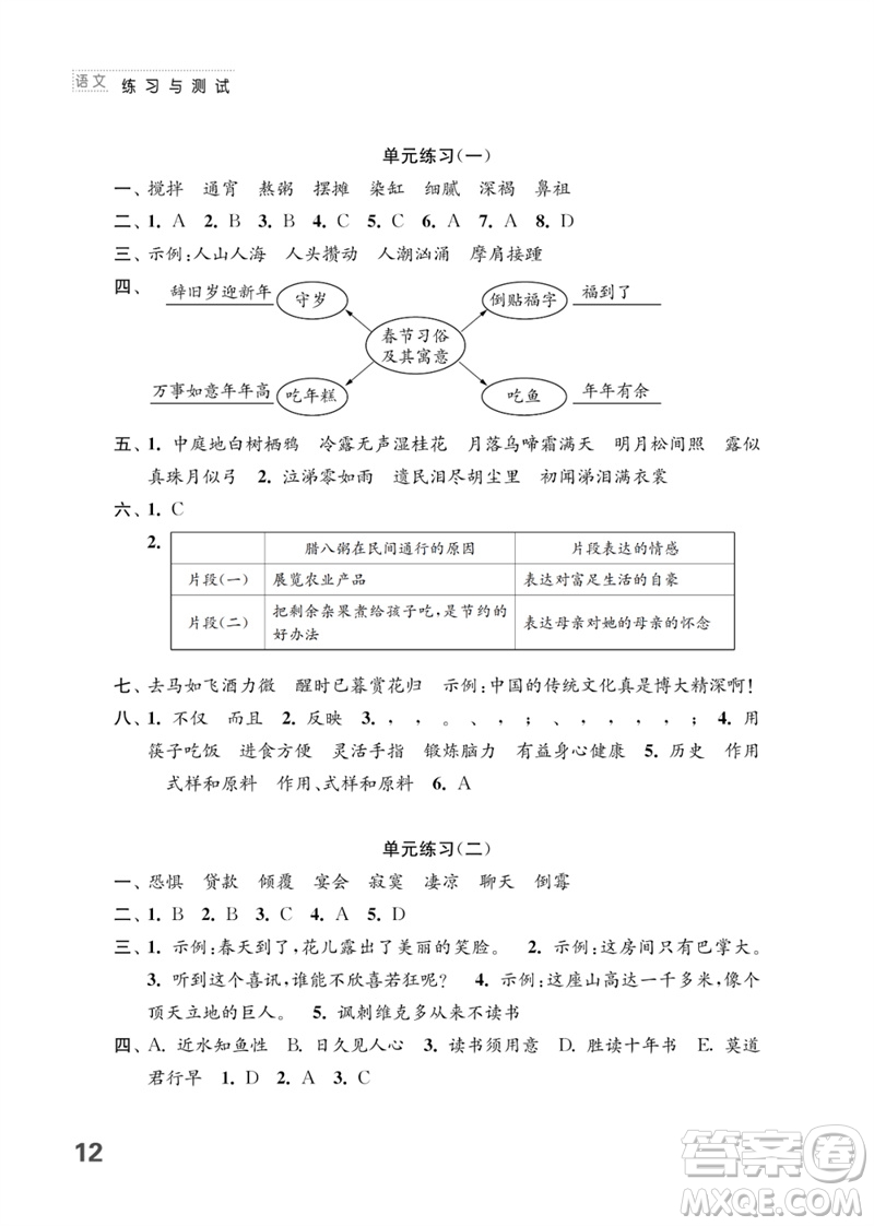 江蘇鳳凰教育出版社2023練習(xí)與測(cè)試小學(xué)語(yǔ)文六年級(jí)下冊(cè)人教版參考答案