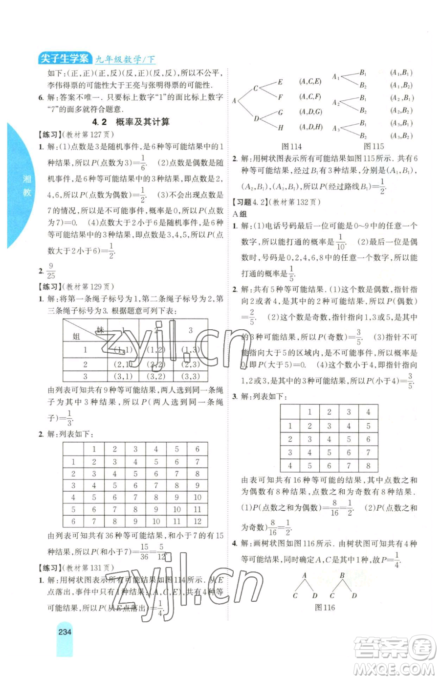 吉林人民出版社2023尖子生學(xué)案九年級(jí)下冊(cè)數(shù)學(xué)湘教版參考答案