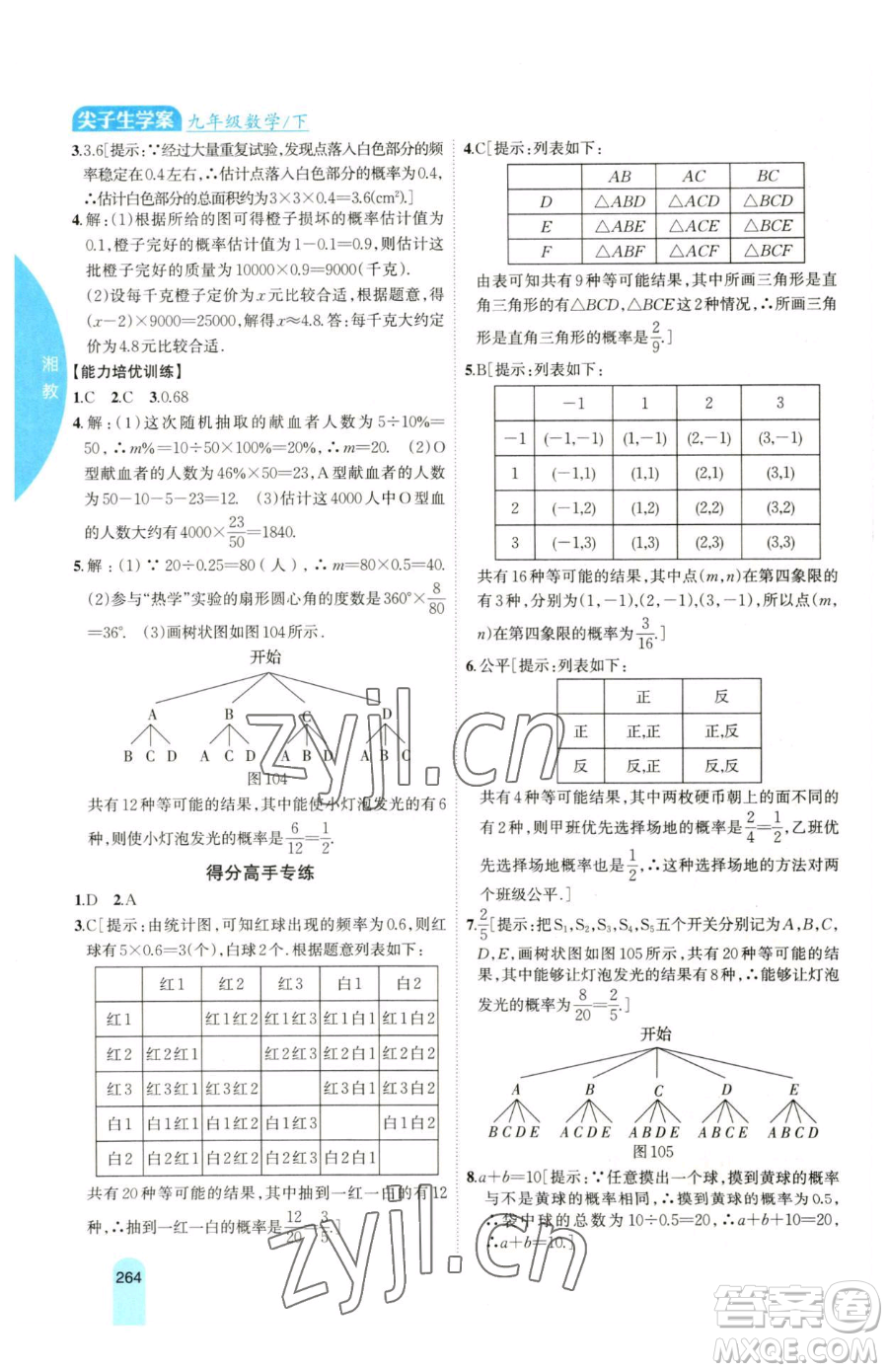 吉林人民出版社2023尖子生學(xué)案九年級(jí)下冊(cè)數(shù)學(xué)湘教版參考答案