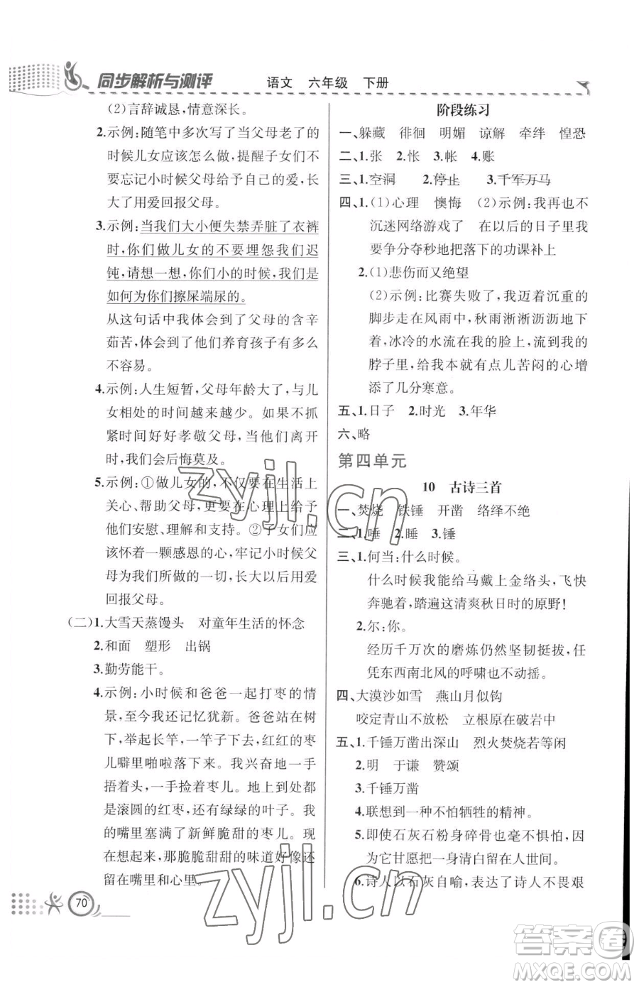 人民教育出版社2023同步解析與測(cè)評(píng)六年級(jí)下冊(cè)語(yǔ)文人教版福建專版參考答案