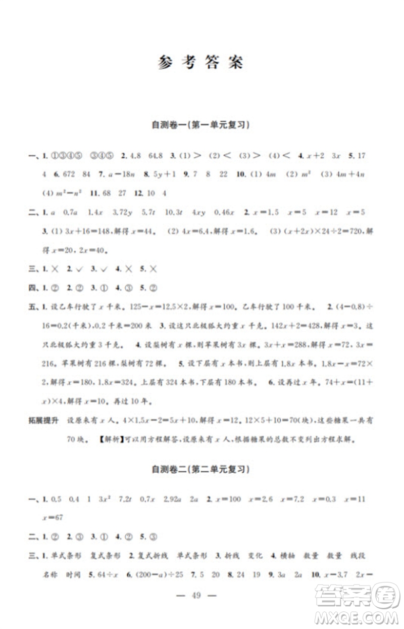 江蘇鳳凰教育出版社2023小學(xué)數(shù)學(xué)練習(xí)自測(cè)卷五年級(jí)下冊(cè)蘇教版參考答案