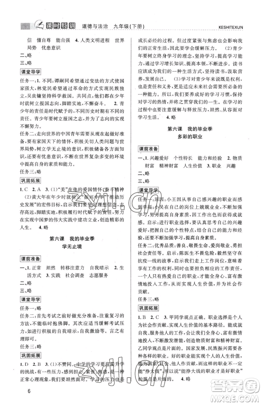 浙江人民出版社2023課時(shí)特訓(xùn)九年級(jí)下冊(cè)道德與法治人教版參考答案