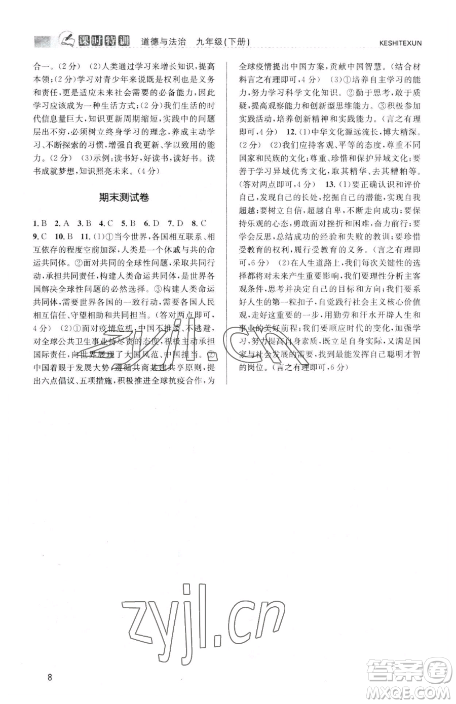 浙江人民出版社2023課時(shí)特訓(xùn)九年級(jí)下冊(cè)道德與法治人教版參考答案